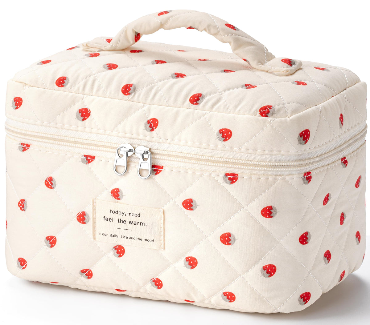 HBselect Large Quilted Makeup Bag for Women Cute Cotton Travel Cosmetic Bag | Floral Coquette Aesthetic Toiletry Organizer Bag with Handle, Portable Multifunctional Makeup Bag, Gifts for Bridesmaids
