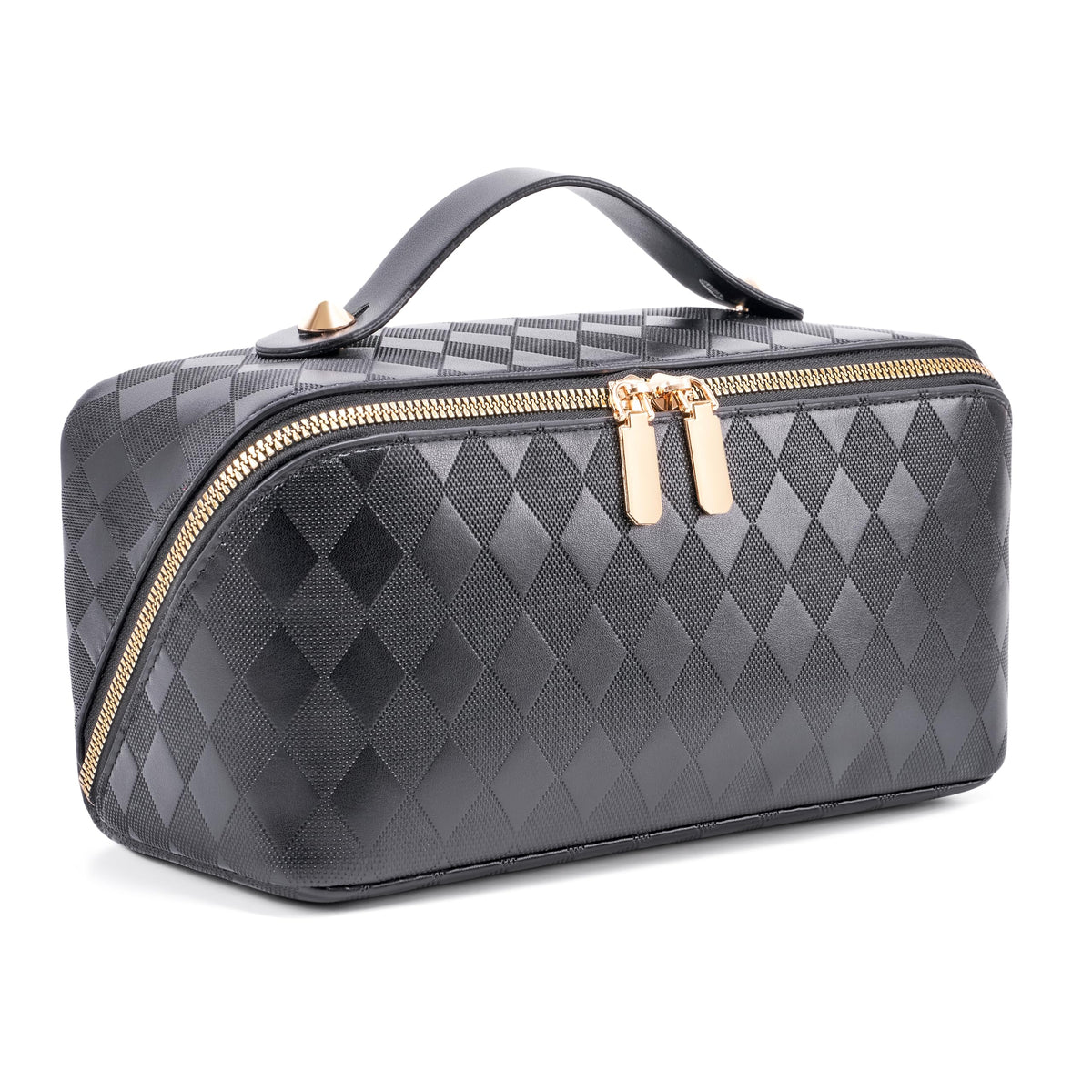 ALEXTINA Travel Makeup Bag, Large Capacity Cosmetic Bag for Women, Open Flat Make up Bag, Waterproof PU Leather Checkered Makeup Organizer Bag with Collapsible Handle,Toiletry Bag for Cosmetics, White