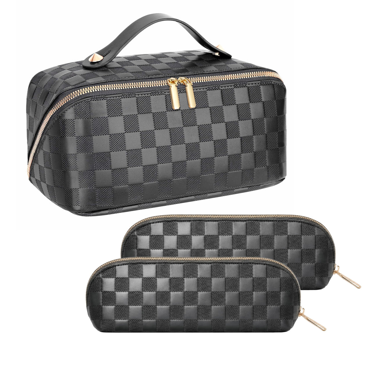 ALEXTINA Travel Makeup Bag, Large Capacity Cosmetic Bag for Women, Open Flat Make up Bag, Waterproof PU Leather Checkered Makeup Organizer Bag with Collapsible Handle,Toiletry Bag for Cosmetics, White