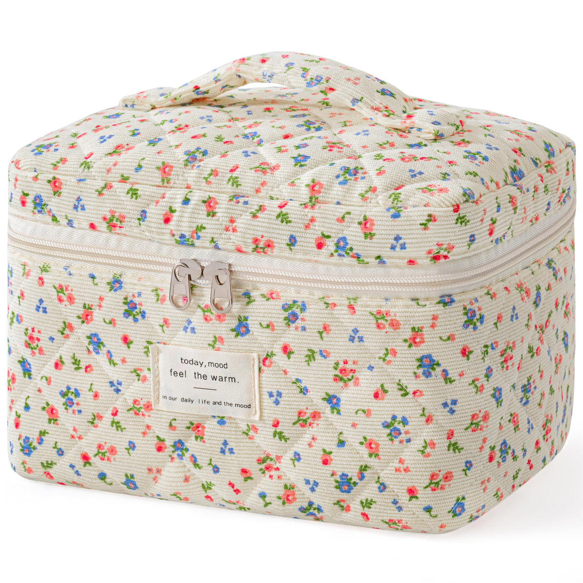 HBselect Large Quilted Makeup Bag for Women Cute Cotton Travel Cosmetic Bag | Floral Coquette Aesthetic Toiletry Organizer Bag with Handle, Portable Multifunctional Makeup Bag, Gifts for Bridesmaids