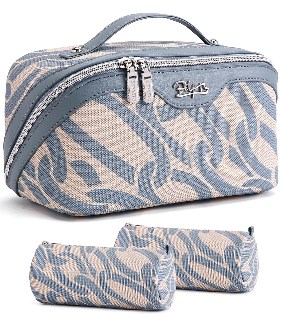 BOYATU Travel Makeup Bags Cosmetic Organizer Bag: Floral Make up Bag | 3 Pcs Set Large Capacity Makeup Bag with Compartments - Waterproof Leather Toiletry Bags with Handle for Women (Blue)
