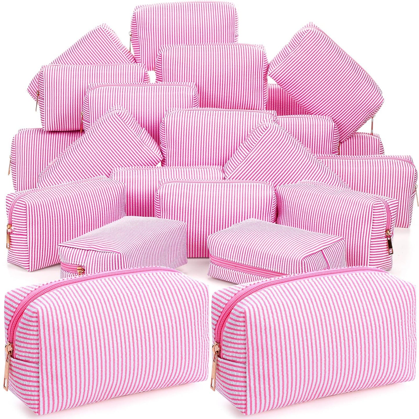 Sanwuta 6 Pcs Seersucker Cosmetic Bags Bulk, Striped Zippered,Khaki