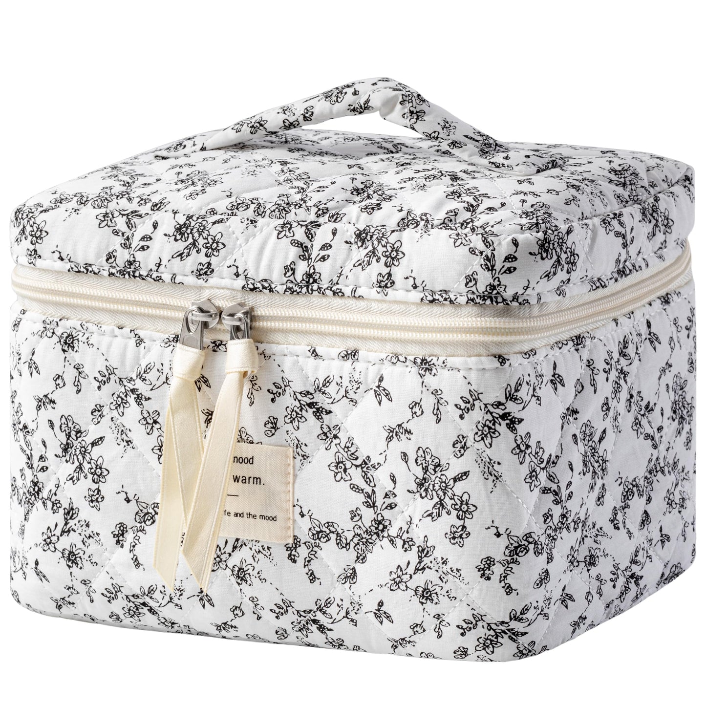 HBselect Large Quilted Makeup Bag for Women Cute Cotton Travel Cosmetic Bag | Floral Coquette Aesthetic Toiletry Organizer Bag with Handle, Portable Multifunctional Makeup Bag, Gifts for Bridesmaids