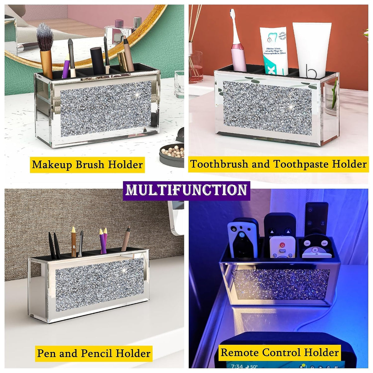 SHYFOY Mirrored Makeup Brush Holder Organizer with Crushed Diamond, 3 Slots