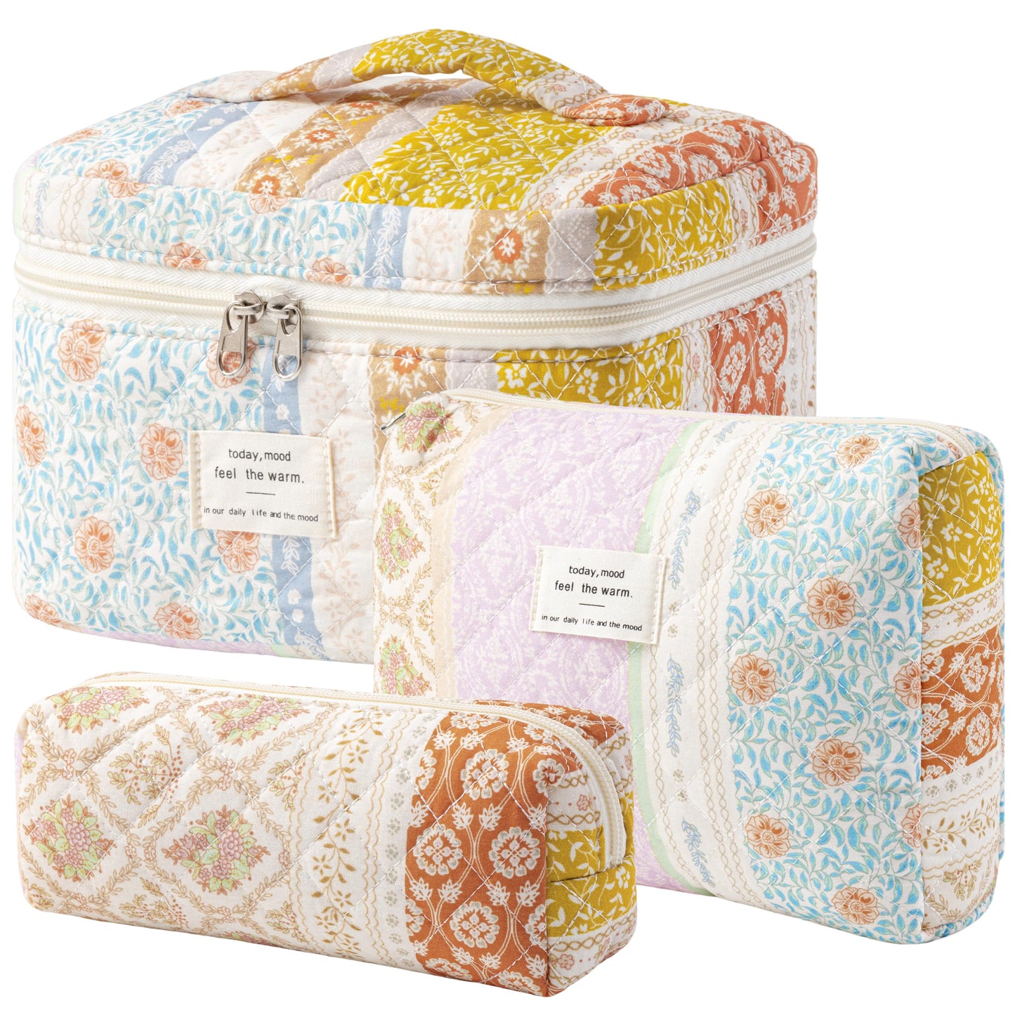 HBselect Quilted Makeup Bag, 3Pcs Cotton Large Travel Makeup Bags Organizer
