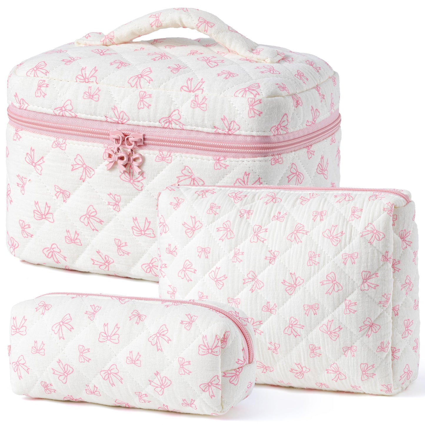 HBselect Quilted Makeup Bag, 3Pcs Cotton Large Travel Makeup Bags Organizer