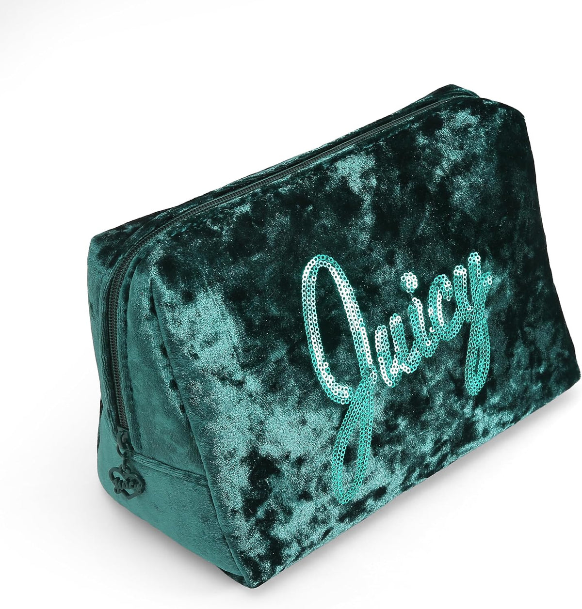 Juicy Couture Green Makeup Bag Cosmetics Organizer Travel Essentials Zip Top Wedge Crushed Velvet Sequin Logo