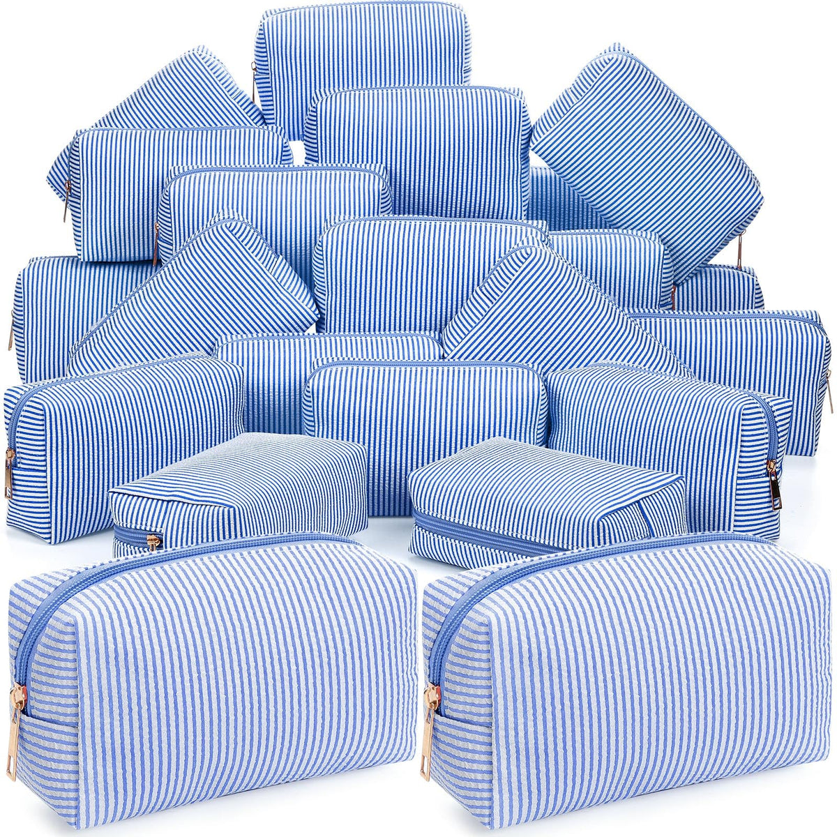 Sanwuta 6 Pcs Seersucker Cosmetic Bags Bulk, Striped Zippered,Khaki