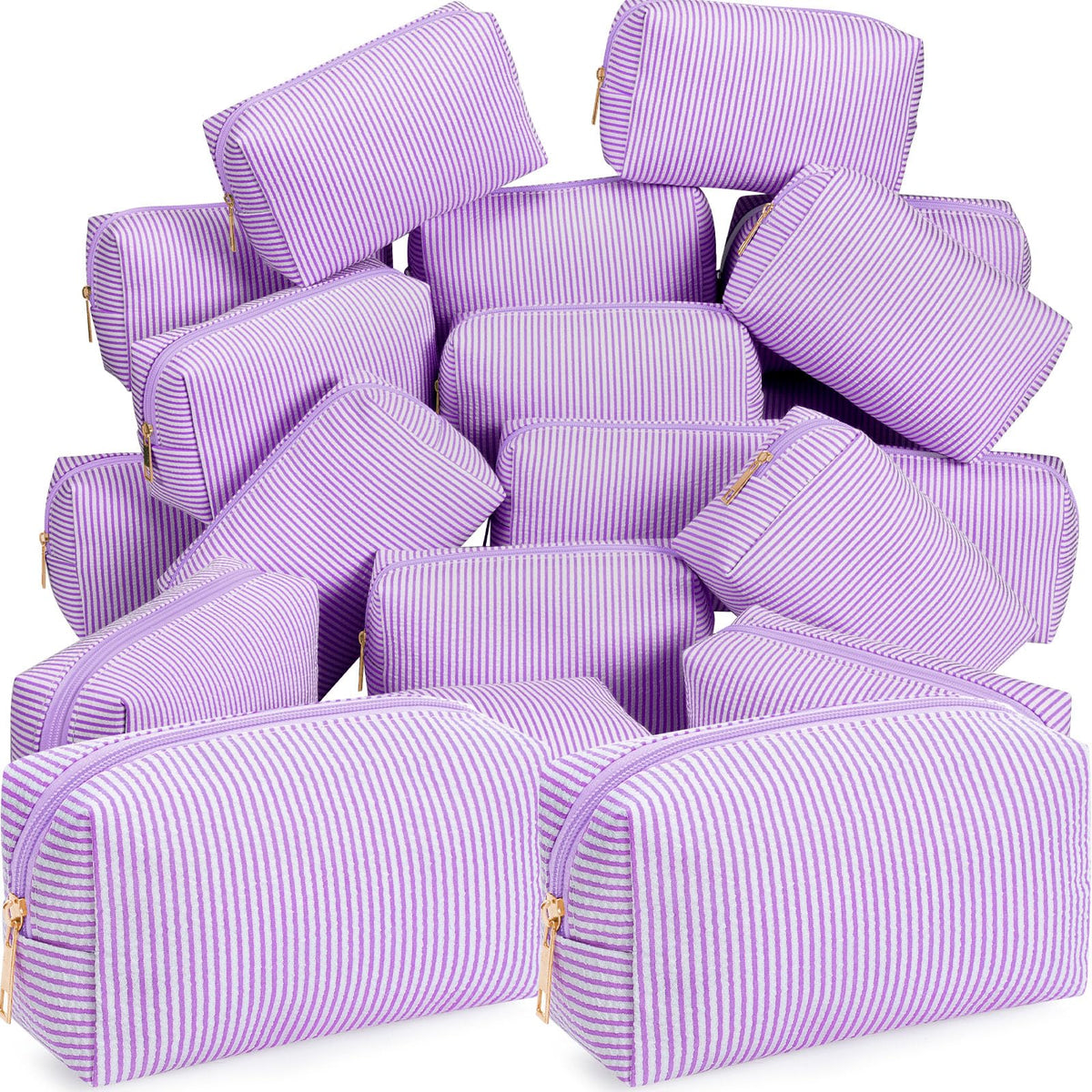 Sanwuta 6 Pcs Seersucker Cosmetic Bags Bulk, Striped Zippered,Khaki