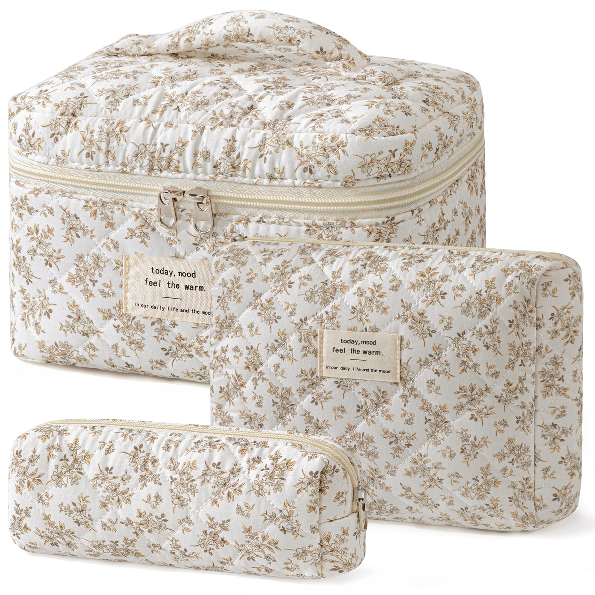 HBselect Quilted Makeup Bag, 3Pcs Cotton Large Travel Makeup Bags Organizer
