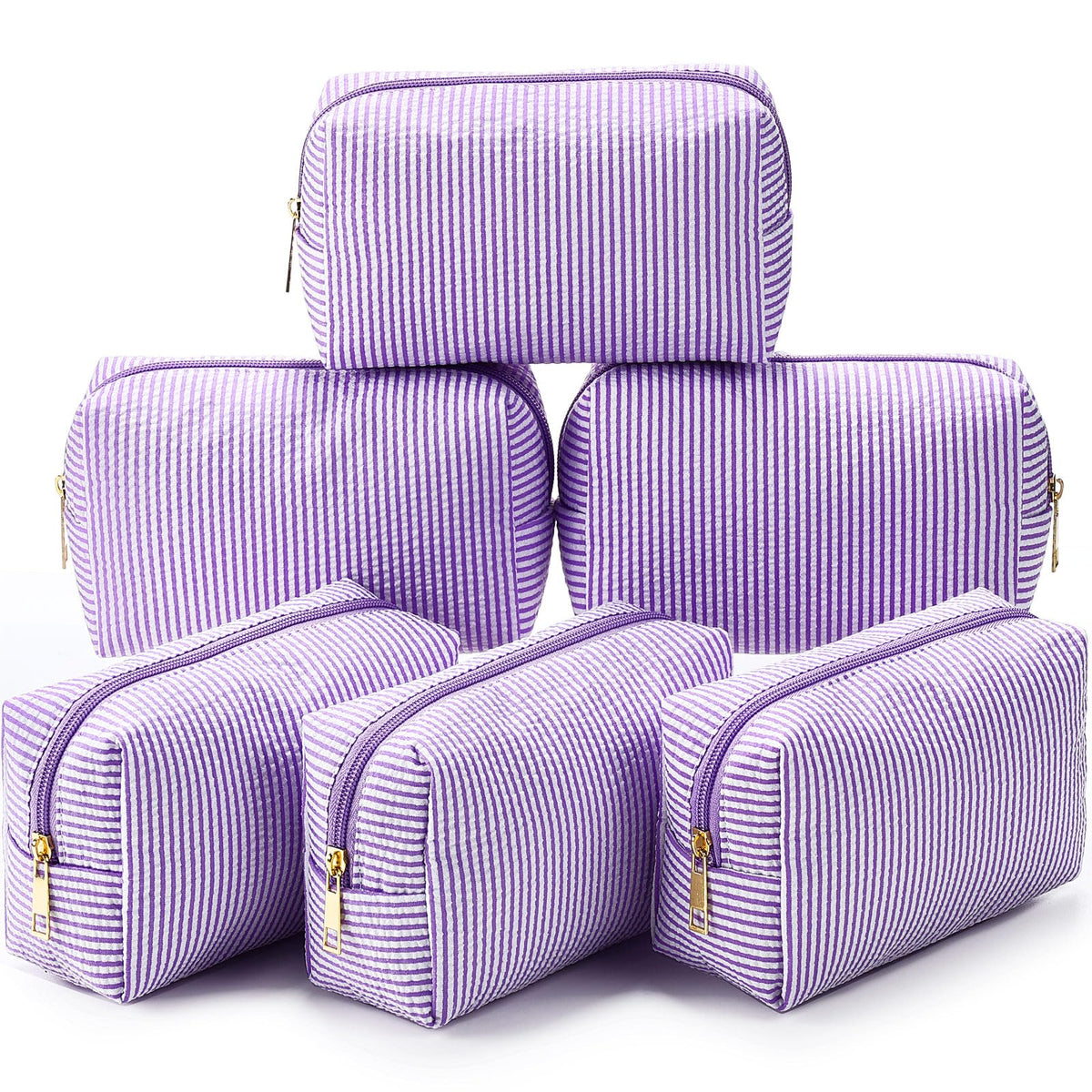Sanwuta 6 Pcs Seersucker Cosmetic Bags Bulk, Striped Zippered,Khaki