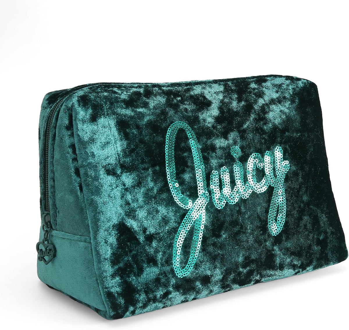 Juicy Couture Green Makeup Bag Cosmetics Organizer Travel Essentials Zip Top Wedge Crushed Velvet Sequin Logo