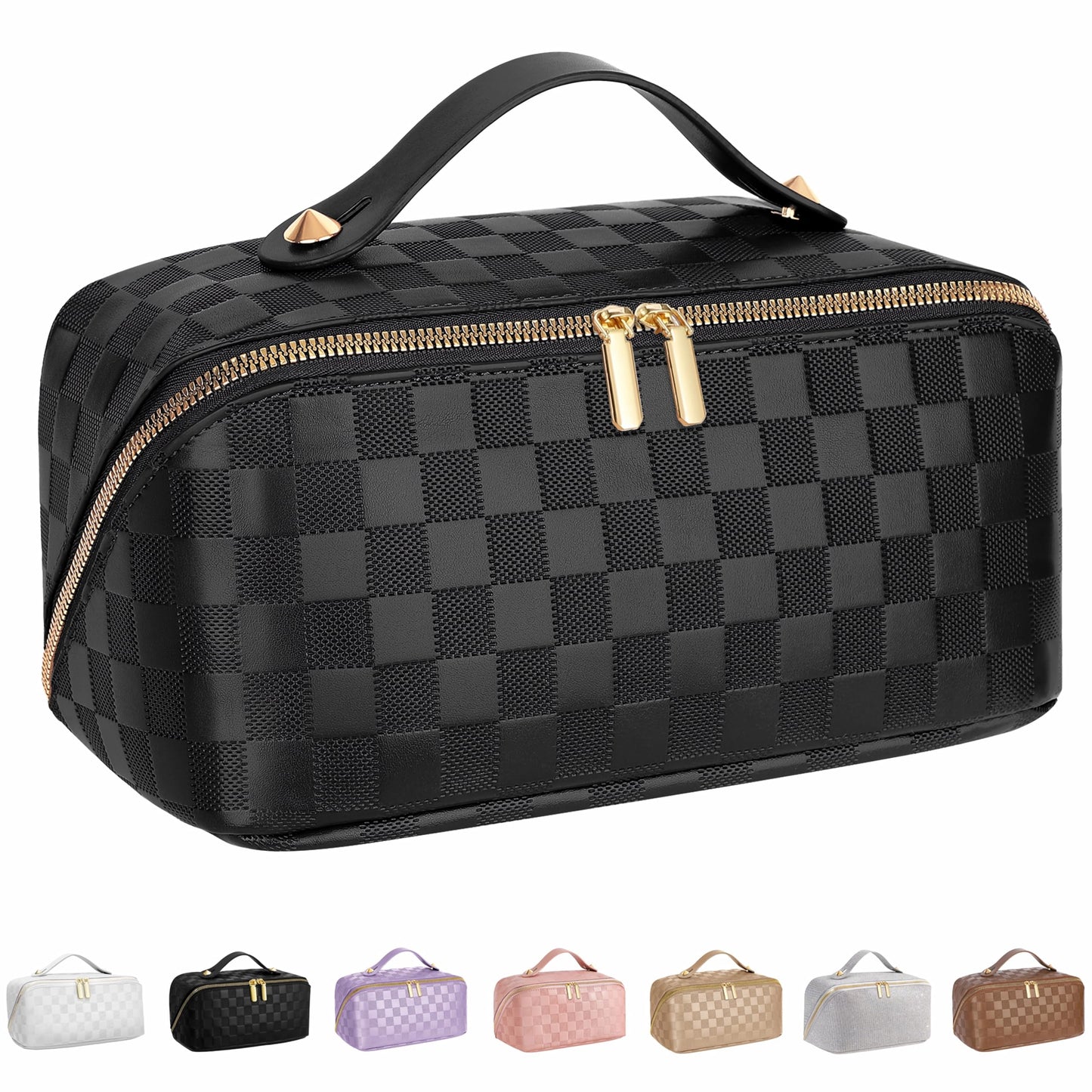 ALEXTINA Travel Makeup Bag, Large Capacity Cosmetic Bag for Women, Open Flat Make up Bag, Waterproof PU Leather Checkered Makeup Organizer Bag with Collapsible Handle,Toiletry Bag for Cosmetics, White