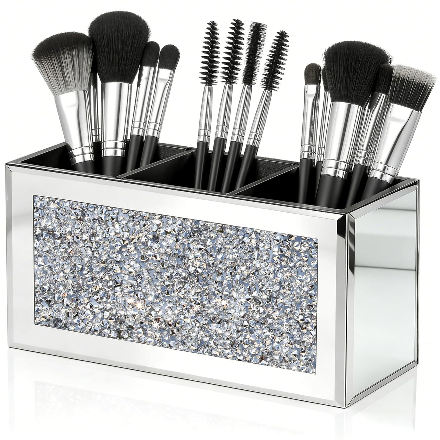 SHYFOY Mirrored Makeup Brush Holder Organizer with Crushed Diamond, 3 Slots