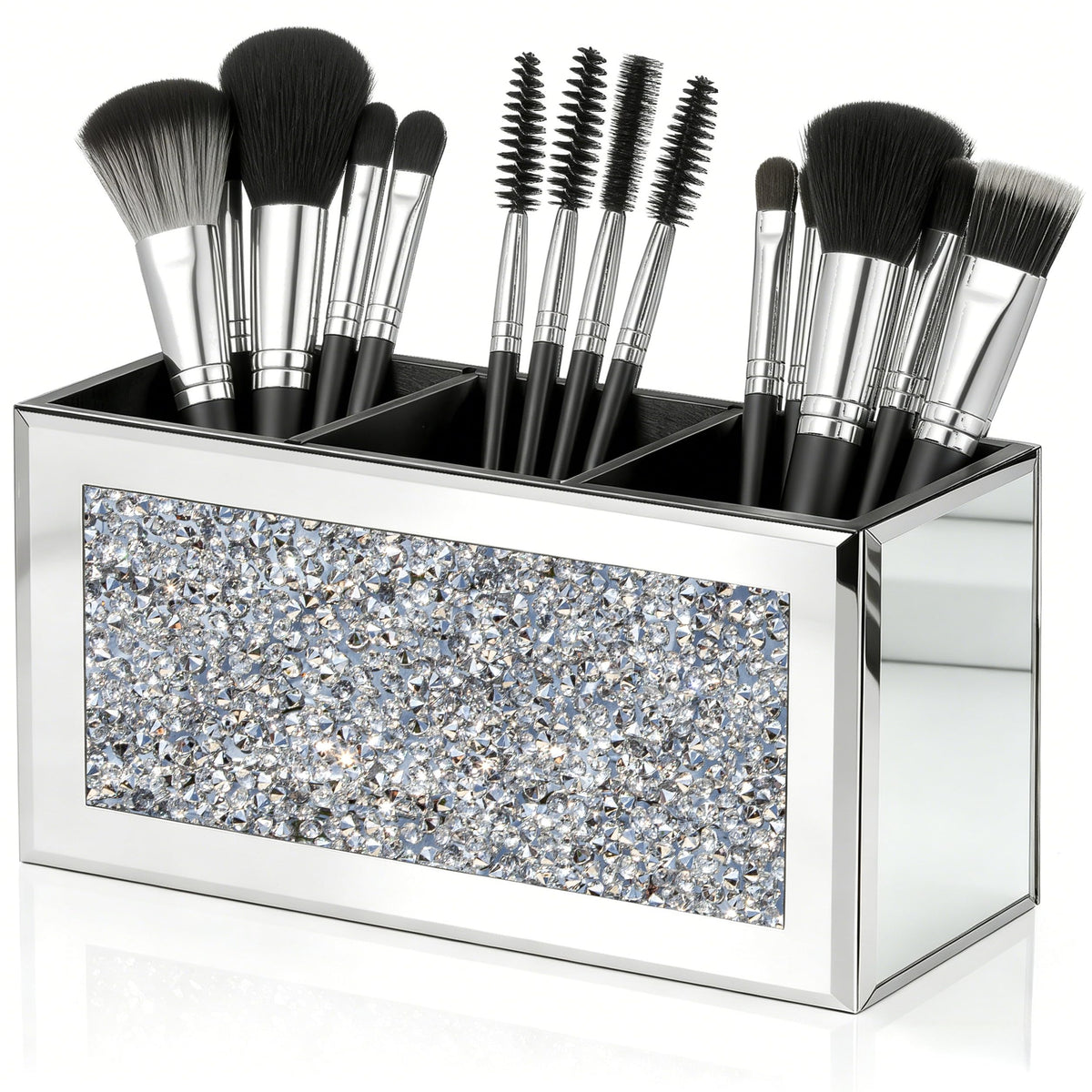 SHYFOY Mirrored Makeup Brush Holder Organizer with Crushed Diamond, 3 Slots