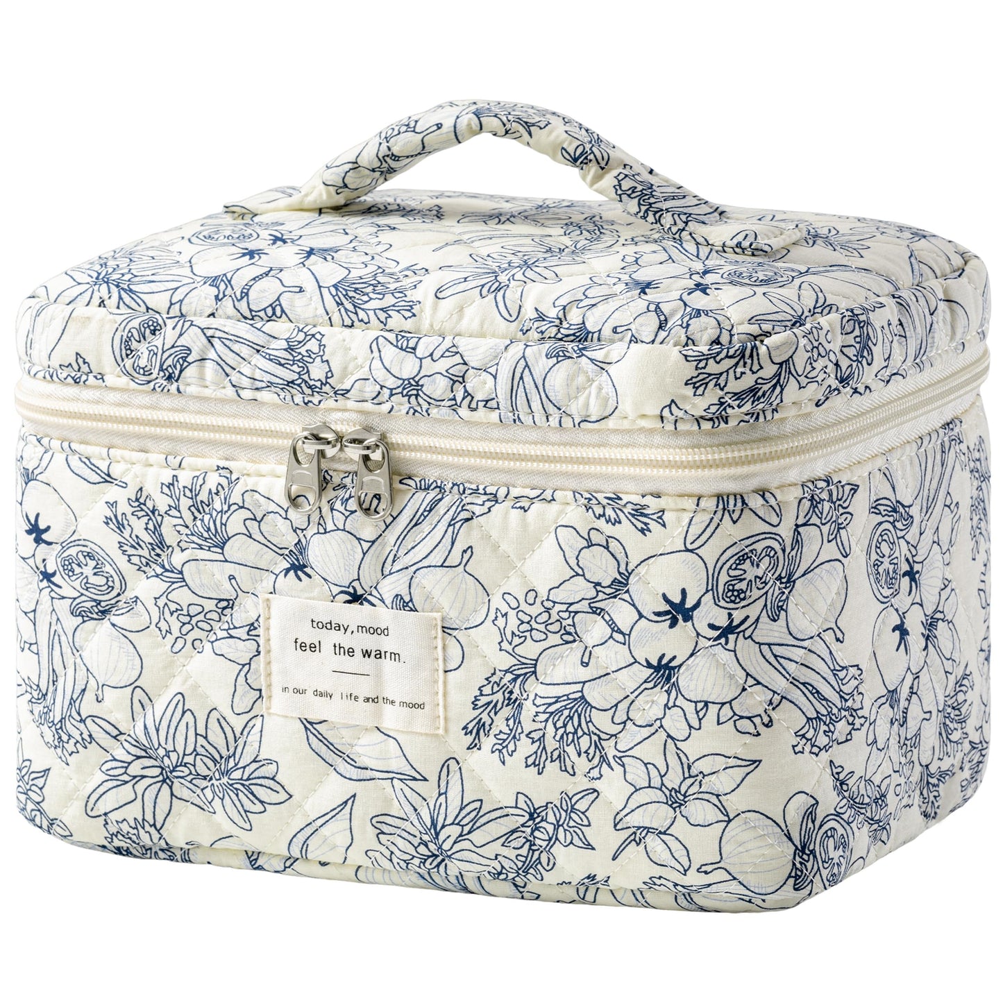 HBselect Large Quilted Makeup Bag for Women Cute Cotton Travel Cosmetic Bag | Floral Coquette Aesthetic Toiletry Organizer Bag with Handle, Portable Multifunctional Makeup Bag, Gifts for Bridesmaids