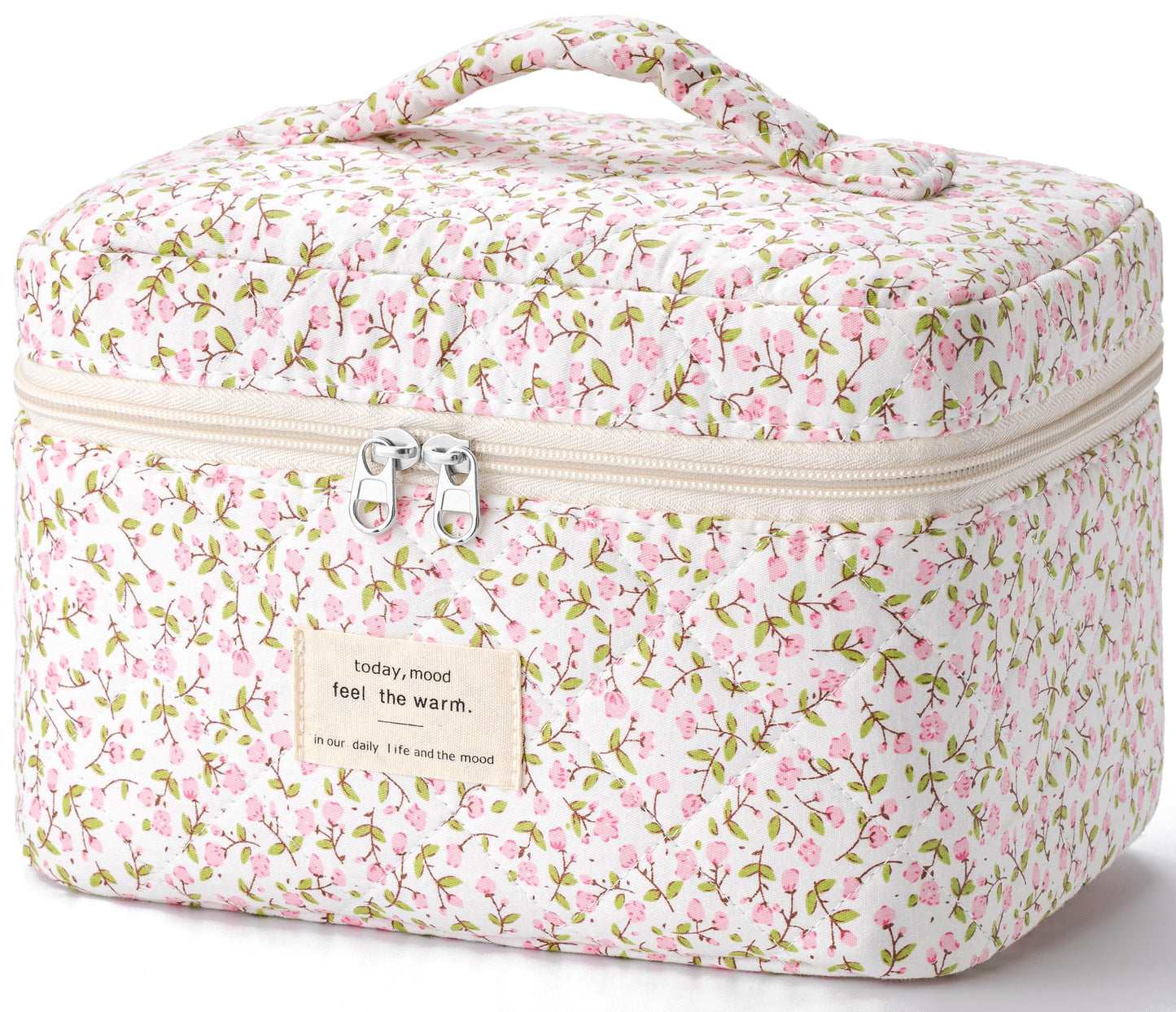 HBselect Large Quilted Makeup Bag for Women Cute Cotton Travel Cosmetic Bag | Floral Coquette Aesthetic Toiletry Organizer Bag with Handle, Portable Multifunctional Makeup Bag, Gifts for Bridesmaids