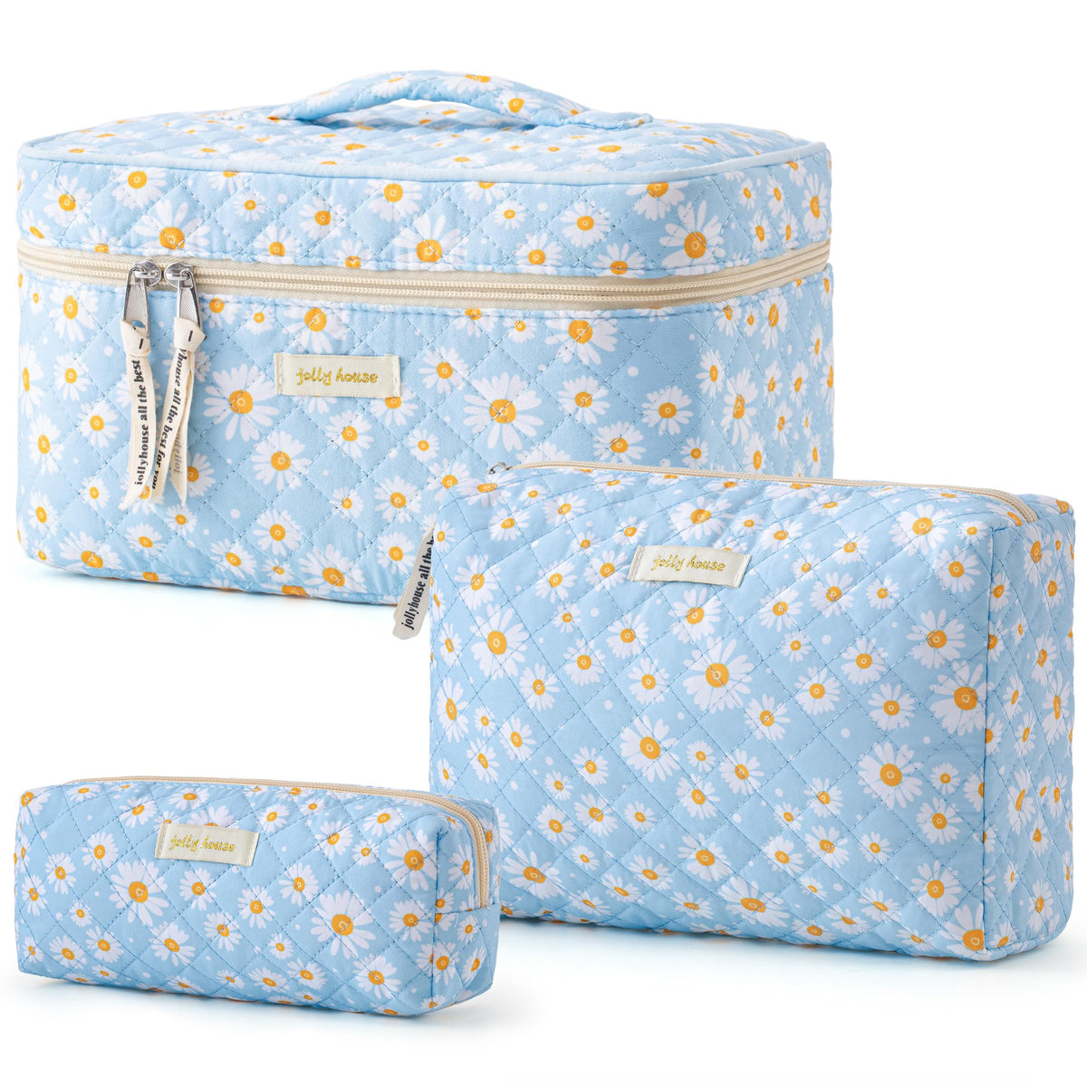 HBselect Quilted Makeup Bag, 3Pcs Cotton Large Travel Makeup Bags Organizer