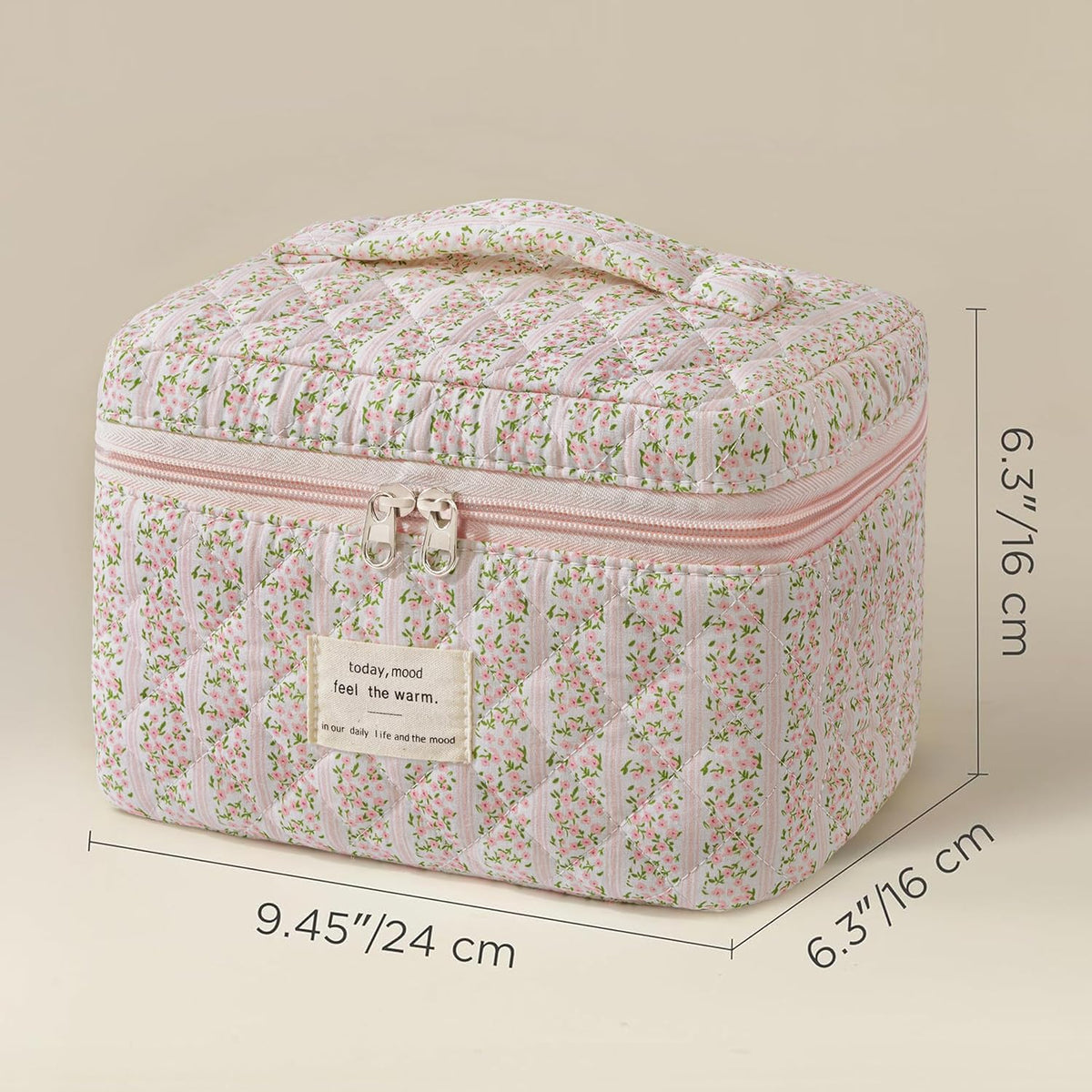 HBselect Large Quilted Makeup Bag for Women Cute Cotton Travel Cosmetic Bag | Floral Coquette Aesthetic Toiletry Organizer Bag with Handle, Portable Multifunctional Makeup Bag, Gifts for Bridesmaids