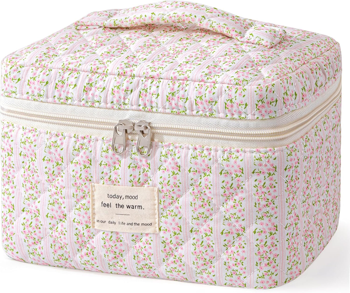 HBselect Large Quilted Makeup Bag for Women Cute Cotton Travel Cosmetic Bag | Floral Coquette Aesthetic Toiletry Organizer Bag with Handle, Portable Multifunctional Makeup Bag, Gifts for Bridesmaids