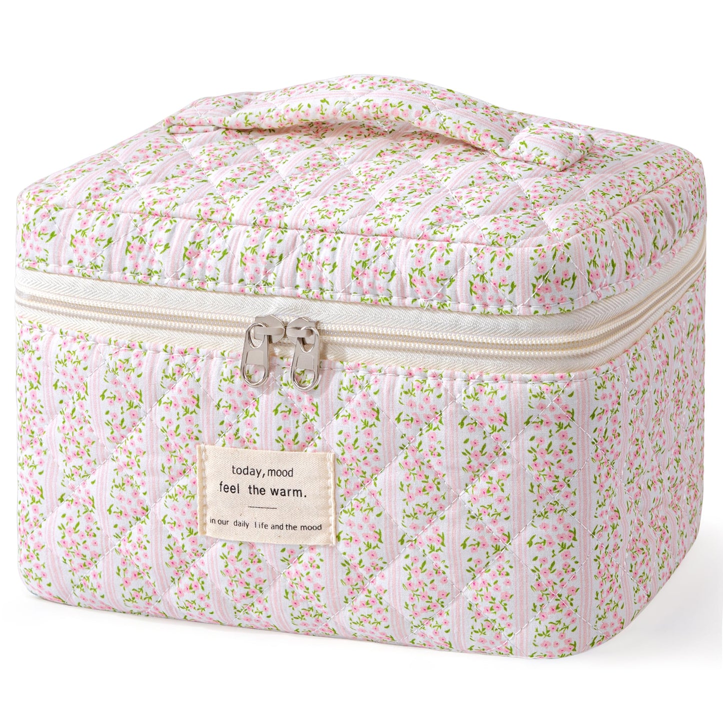 HBselect Large Quilted Makeup Bag for Women Cute Cotton Travel Cosmetic Bag | Floral Coquette Aesthetic Toiletry Organizer Bag with Handle, Portable Multifunctional Makeup Bag, Gifts for Bridesmaids