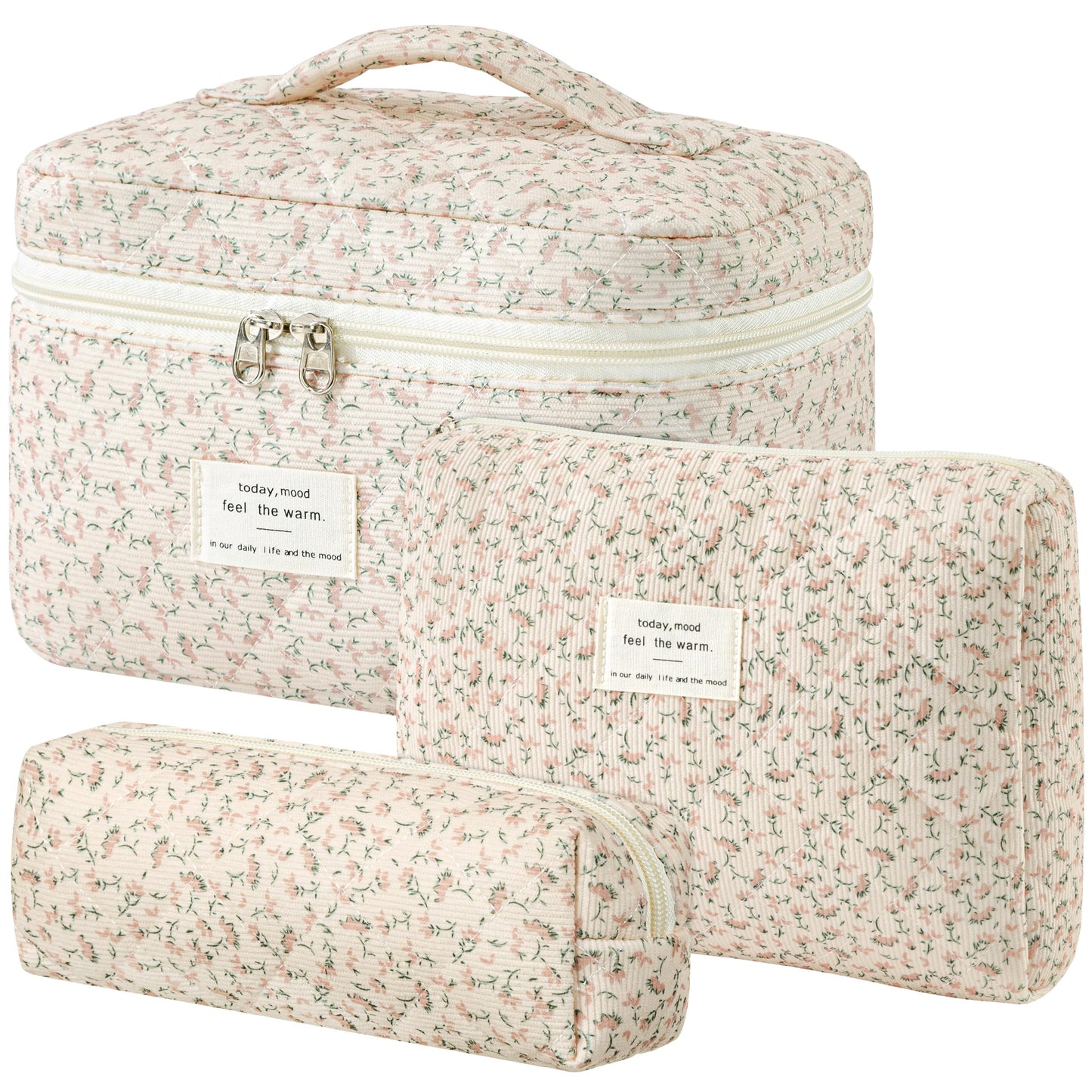HBselect Quilted Makeup Bag, 3Pcs Cotton Large Travel Makeup Bags Organizer