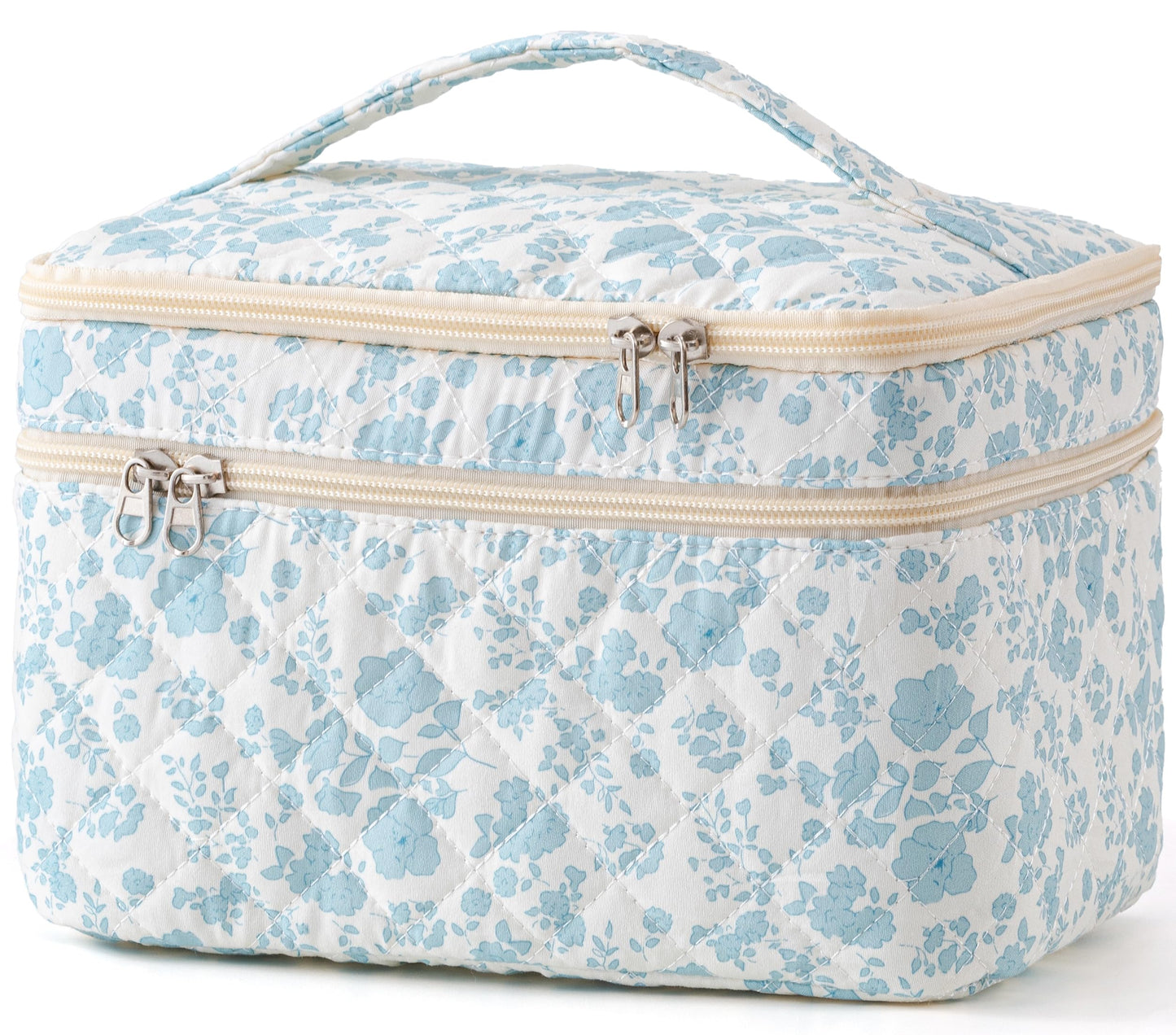 HBselect Large Quilted Makeup Bag for Women Cute Cotton Travel Cosmetic Bag | Floral Coquette Aesthetic Toiletry Organizer Bag with Handle, Portable Multifunctional Makeup Bag, Gifts for Bridesmaids