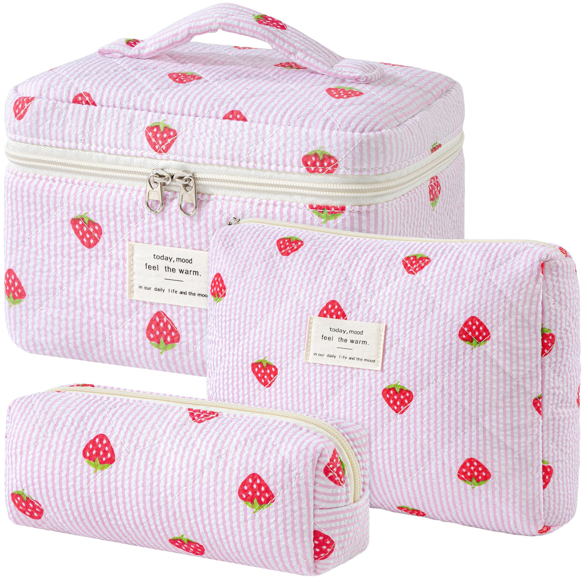 HBselect Quilted Makeup Bag, 3Pcs Cotton Large Travel Makeup Bags Organizer