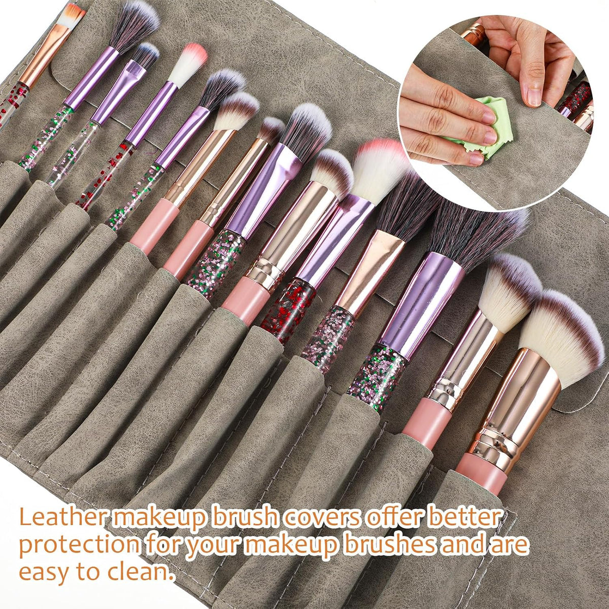 Xinjoduz 1 PCS Makeup Brush Holder Organizer, PU Leather Travel Makeup Brush Pouch Case Roll Up Cosmetic Bags for Women Cosmetic Brushes Make Up Artist - Brushes Not included (Gray)
