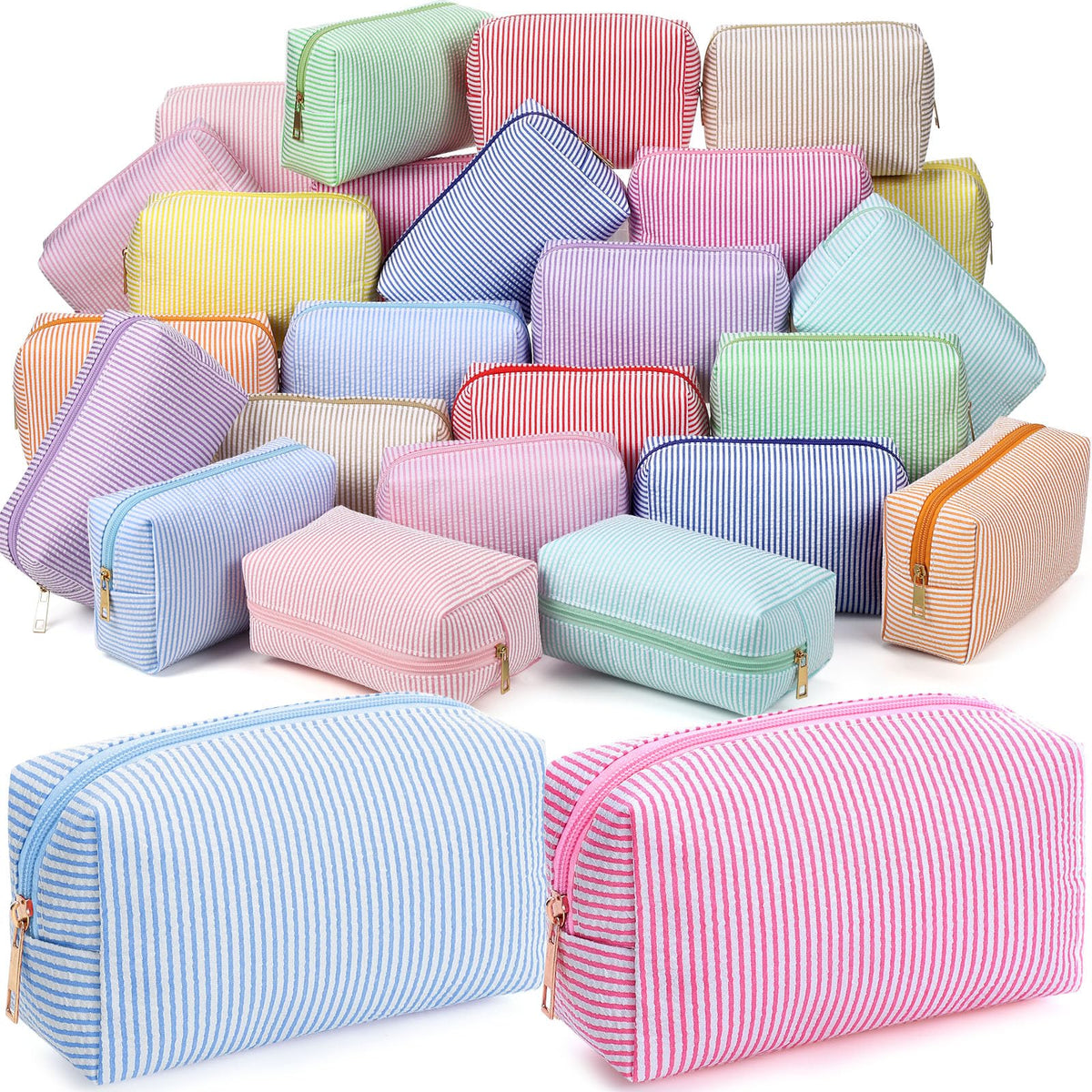 Sanwuta 6 Pcs Seersucker Cosmetic Bags Bulk, Striped Zippered,Khaki