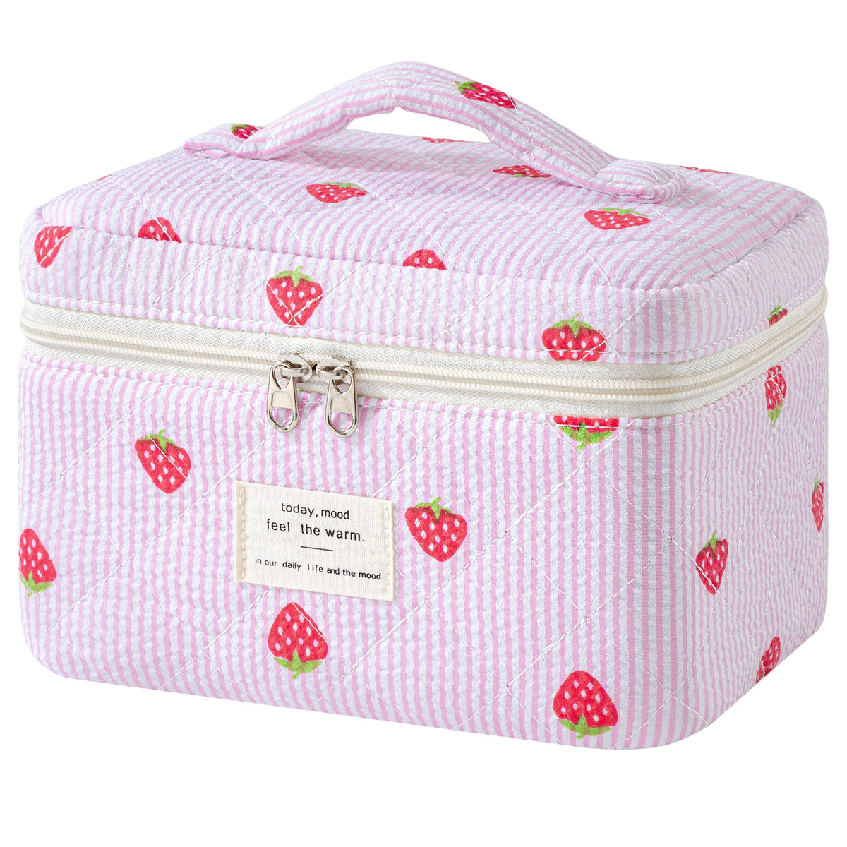 HBselect Large Quilted Makeup Bag for Women Cute Cotton Travel Cosmetic Bag | Floral Coquette Aesthetic Toiletry Organizer Bag with Handle, Portable Multifunctional Makeup Bag, Gifts for Bridesmaids