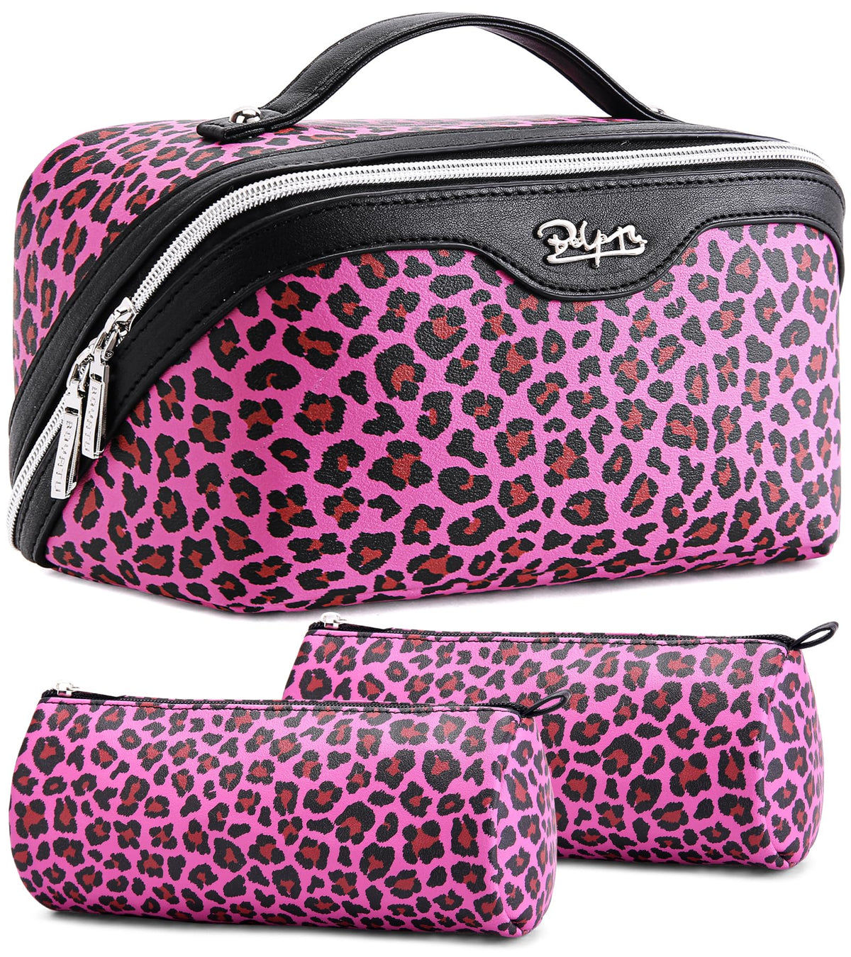 BOYATU Travel Makeup Bags Cosmetic Organizer Bag: Floral Make up Bag | 3 Pcs Set Large Capacity Makeup Bag with Compartments - Waterproof Leather Toiletry Bags with Handle for Women (Blue)