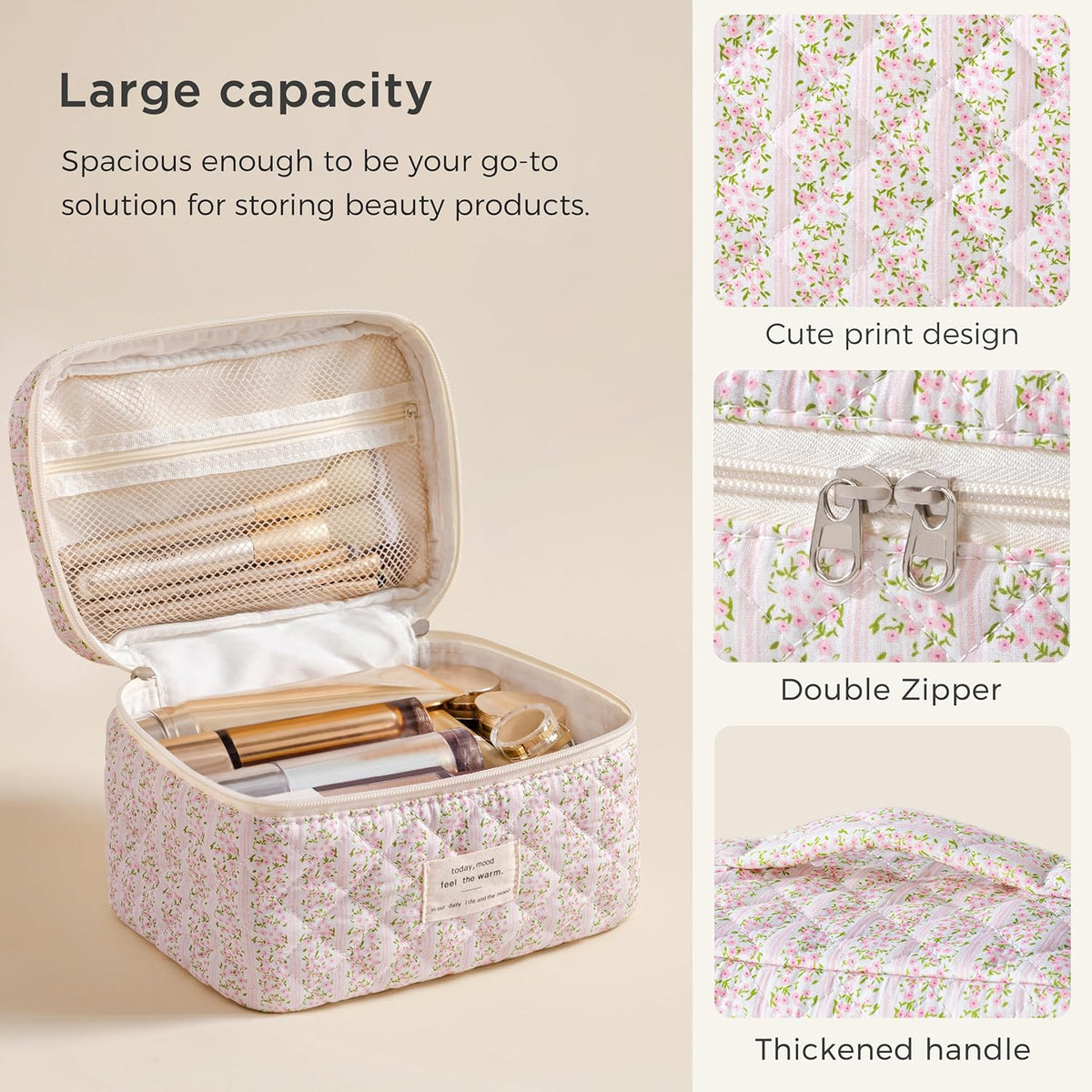 HBselect Large Quilted Makeup Bag for Women Cute Cotton Travel Cosmetic Bag | Floral Coquette Aesthetic Toiletry Organizer Bag with Handle, Portable Multifunctional Makeup Bag, Gifts for Bridesmaids