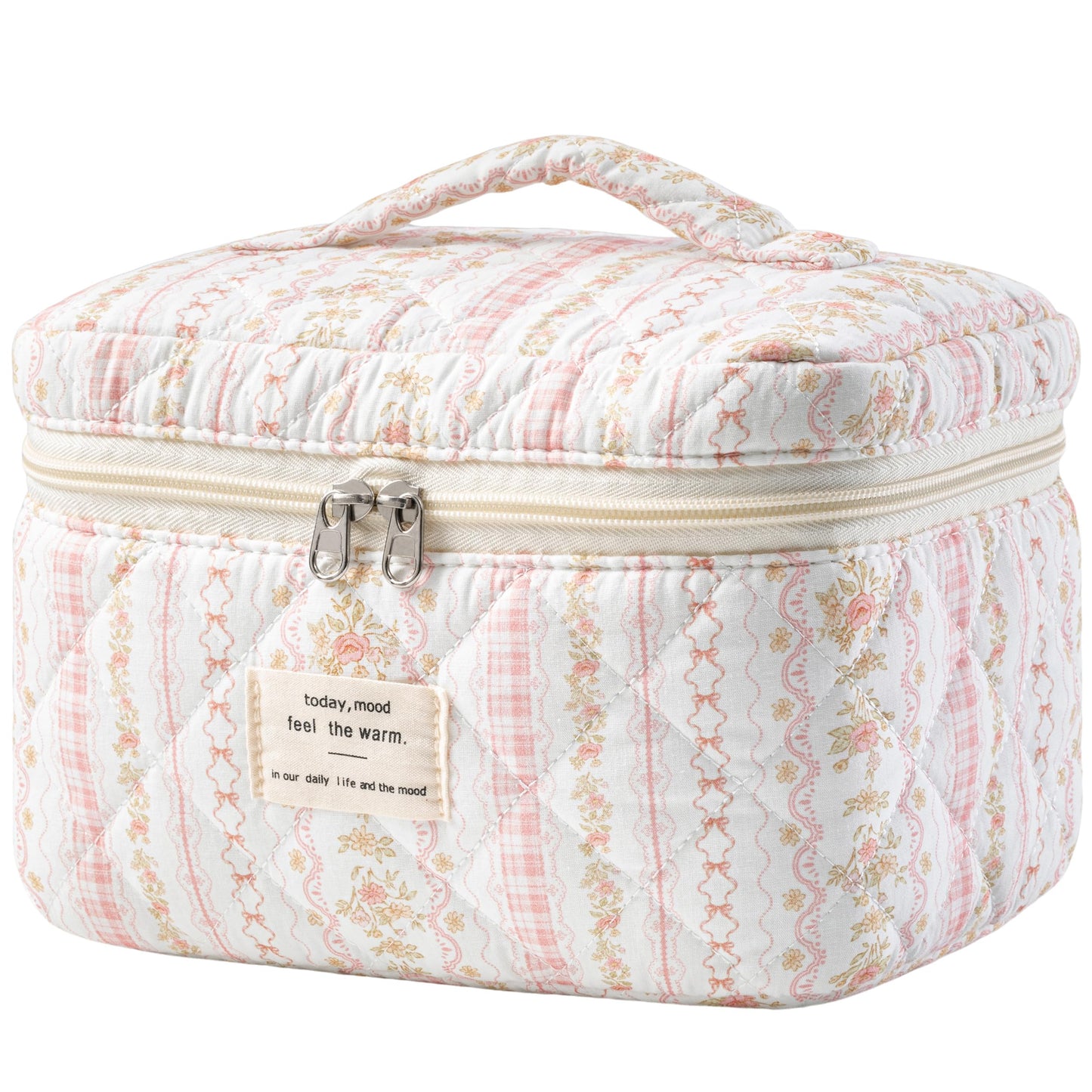 HBselect Large Quilted Makeup Bag for Women Cute Cotton Travel Cosmetic Bag | Floral Coquette Aesthetic Toiletry Organizer Bag with Handle, Portable Multifunctional Makeup Bag, Gifts for Bridesmaids