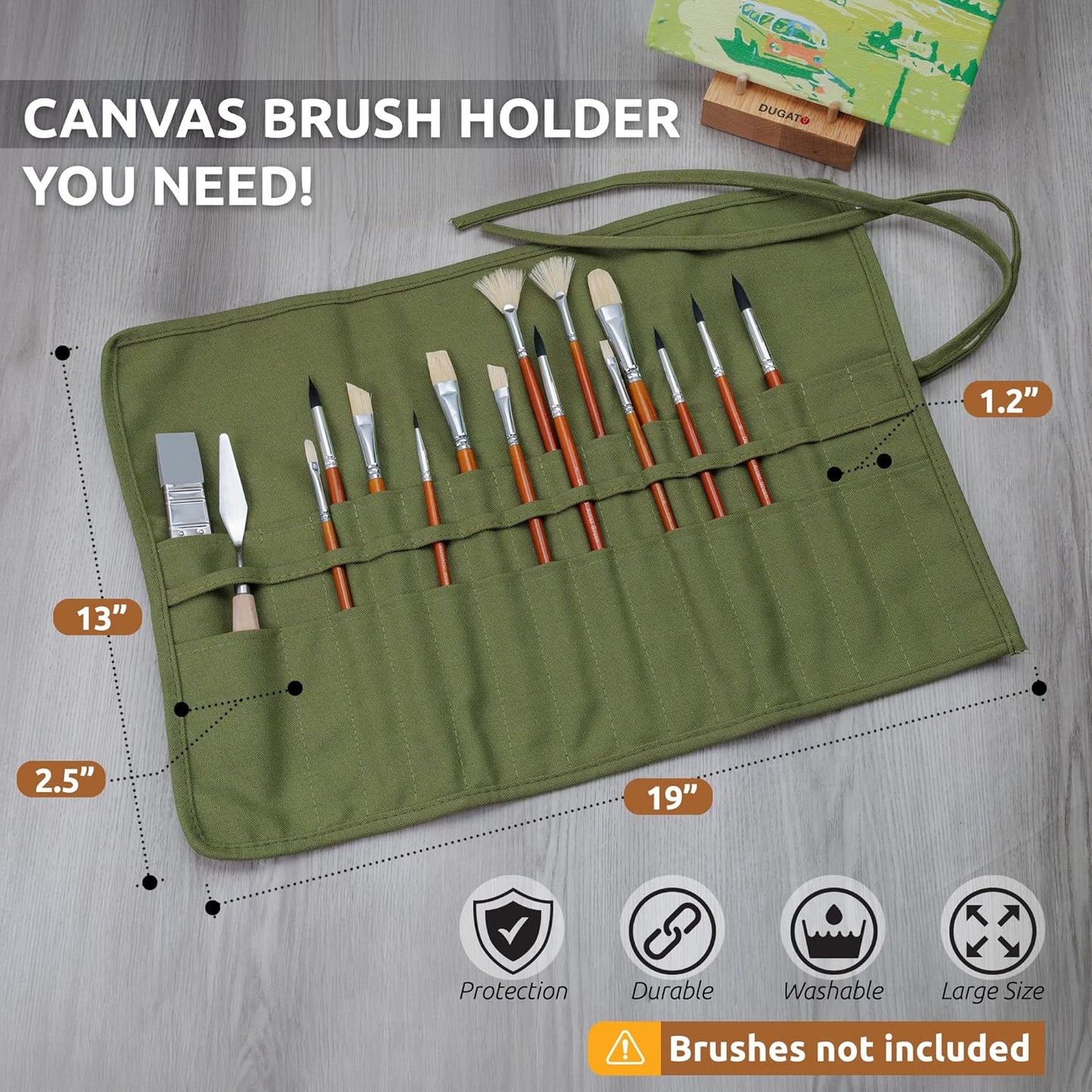 DUGATO 30-Slot Roll-Up Canvas Brush Holder, Army Green