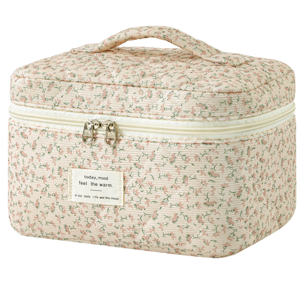 HBselect Large Quilted Makeup Bag for Women Cute Cotton Travel Cosmetic Bag | Floral Coquette Aesthetic Toiletry Organizer Bag with Handle, Portable Multifunctional Makeup Bag, Gifts for Bridesmaids