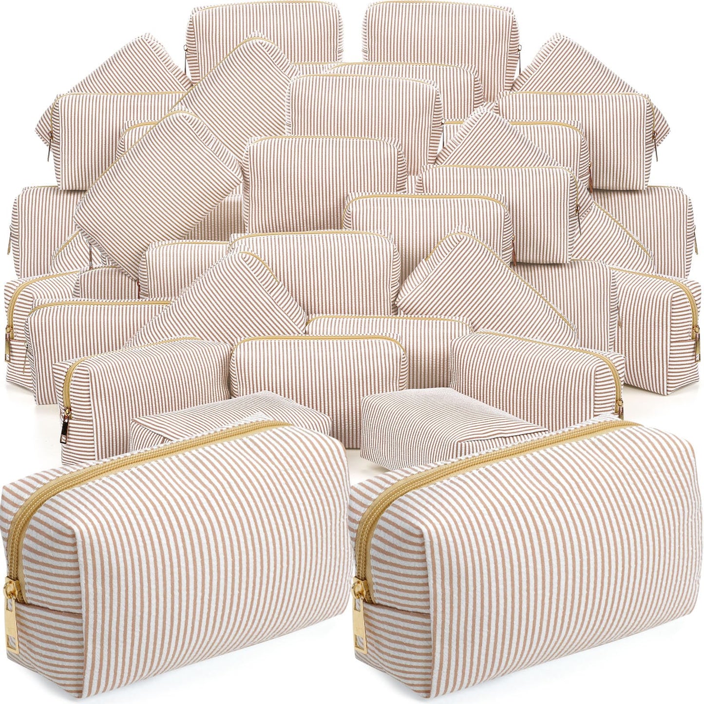 Sanwuta 6 Pcs Seersucker Cosmetic Bags Bulk, Striped Zippered,Khaki