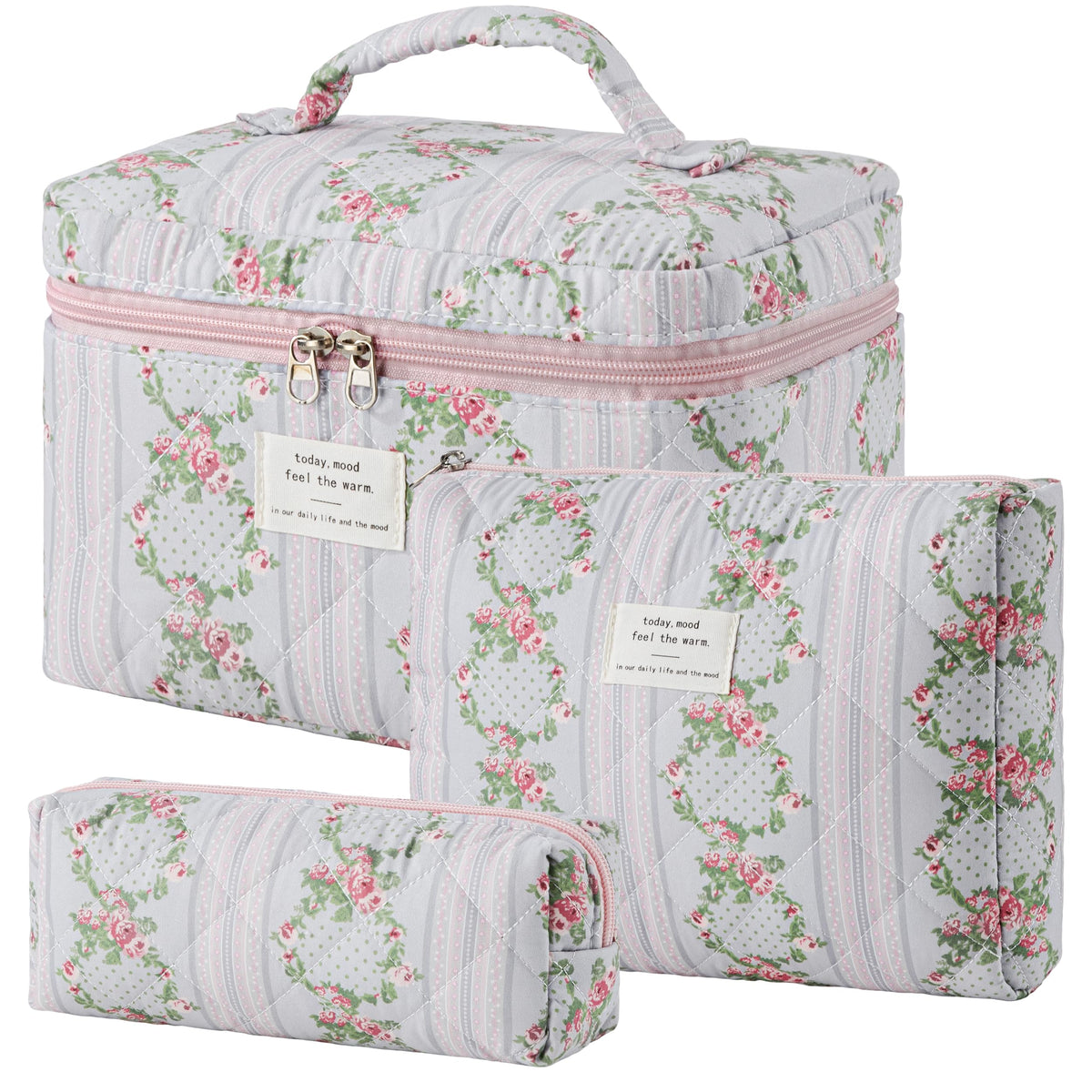 HBselect Quilted Makeup Bag, 3Pcs Cotton Large Travel Makeup Bags Organizer