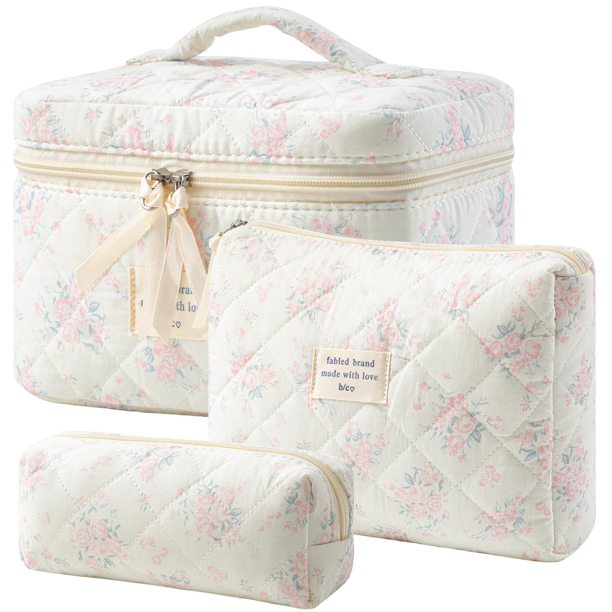 HBselect Quilted Makeup Bag, 3Pcs Cotton Large Travel Makeup Bags Organizer