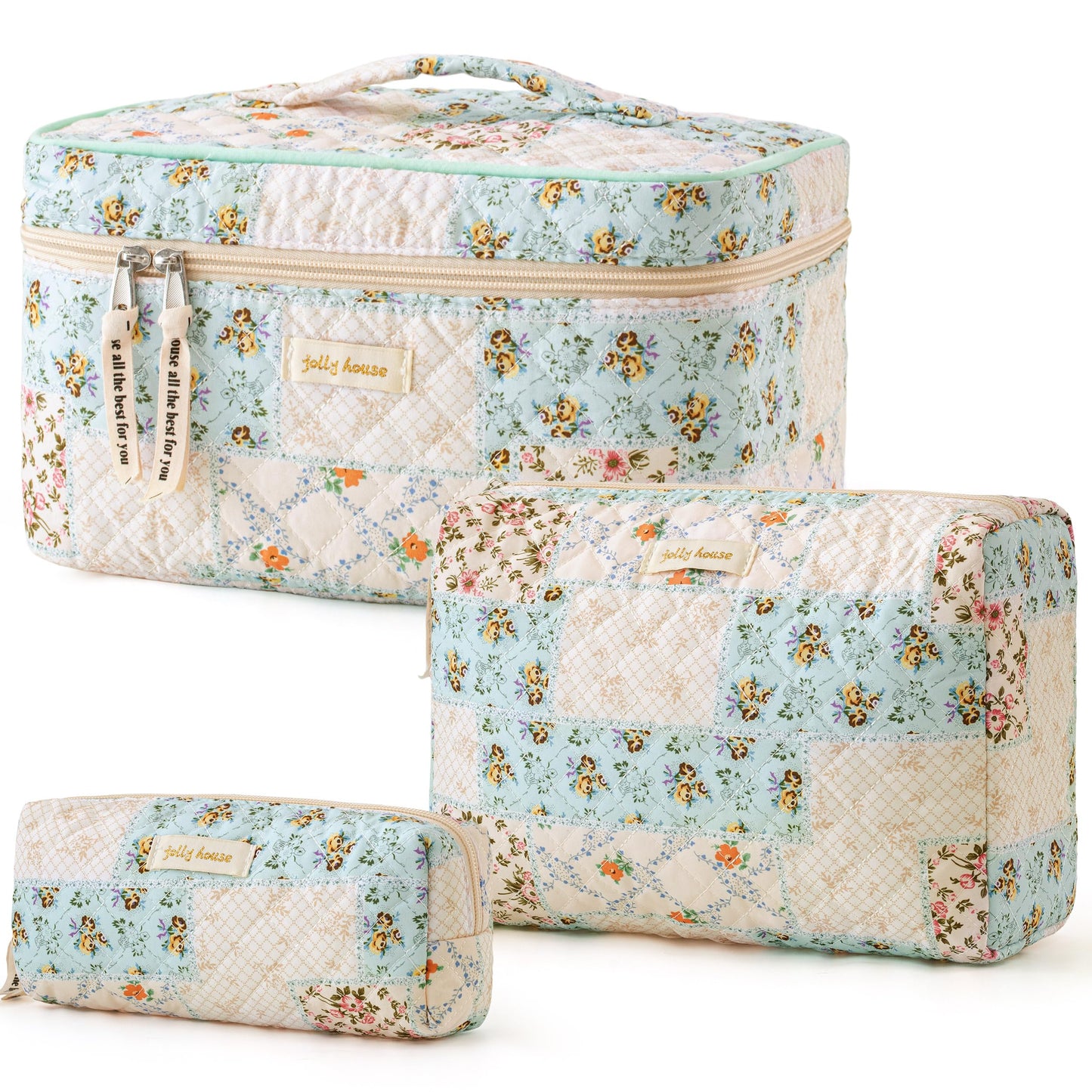 HBselect Quilted Makeup Bag, 3Pcs Cotton Large Travel Makeup Bags Organizer
