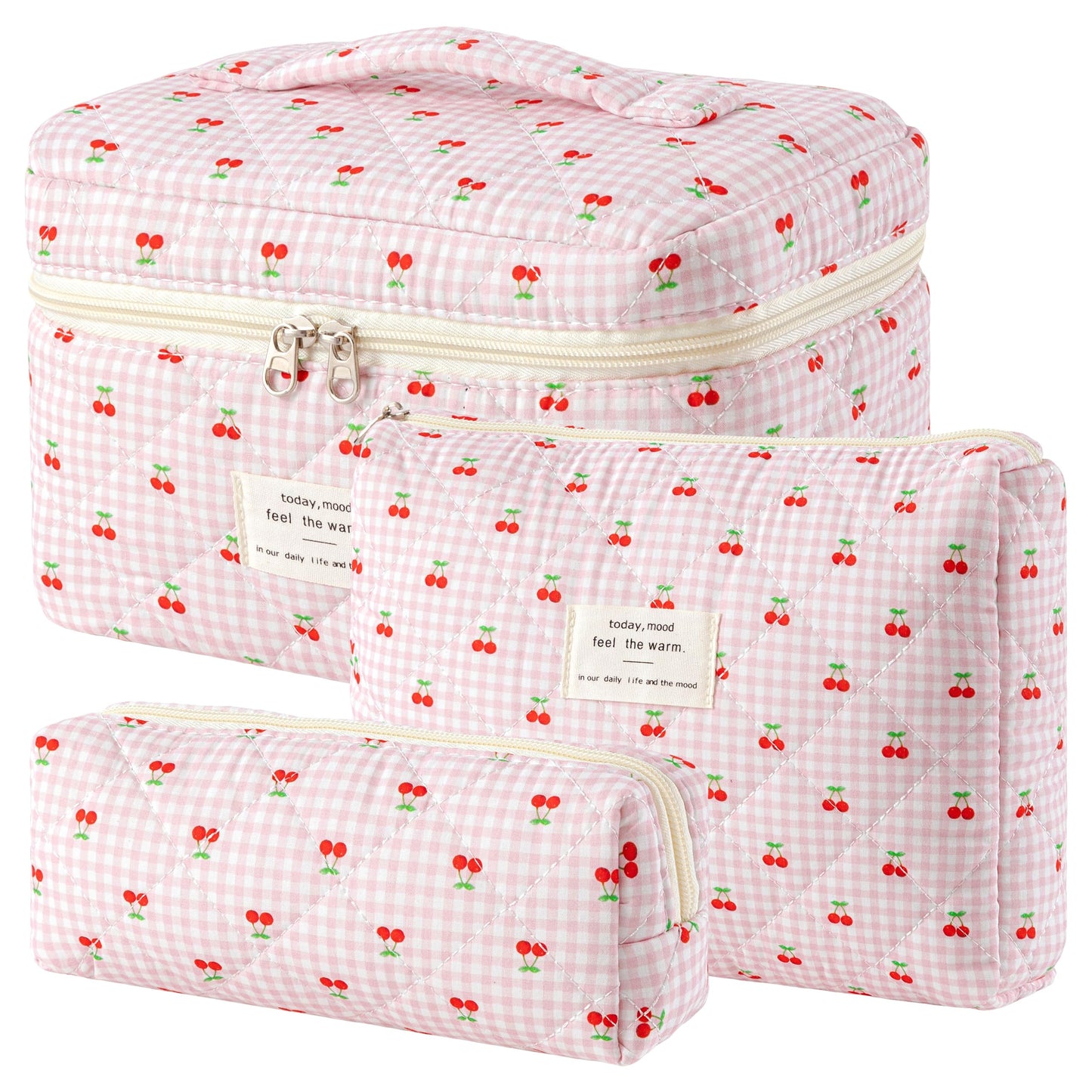 HBselect Quilted Makeup Bag, 3Pcs Cotton Large Travel Makeup Bags Organizer