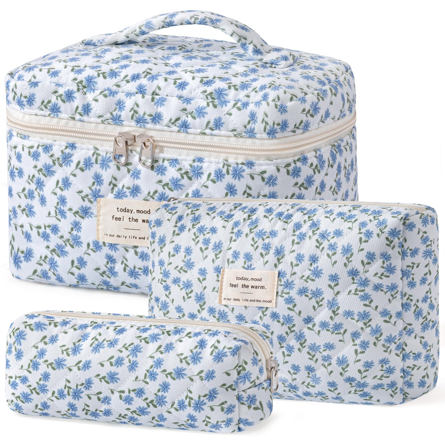 HBselect Quilted Makeup Bag, 3Pcs Cotton Large Travel Makeup Bags Organizer