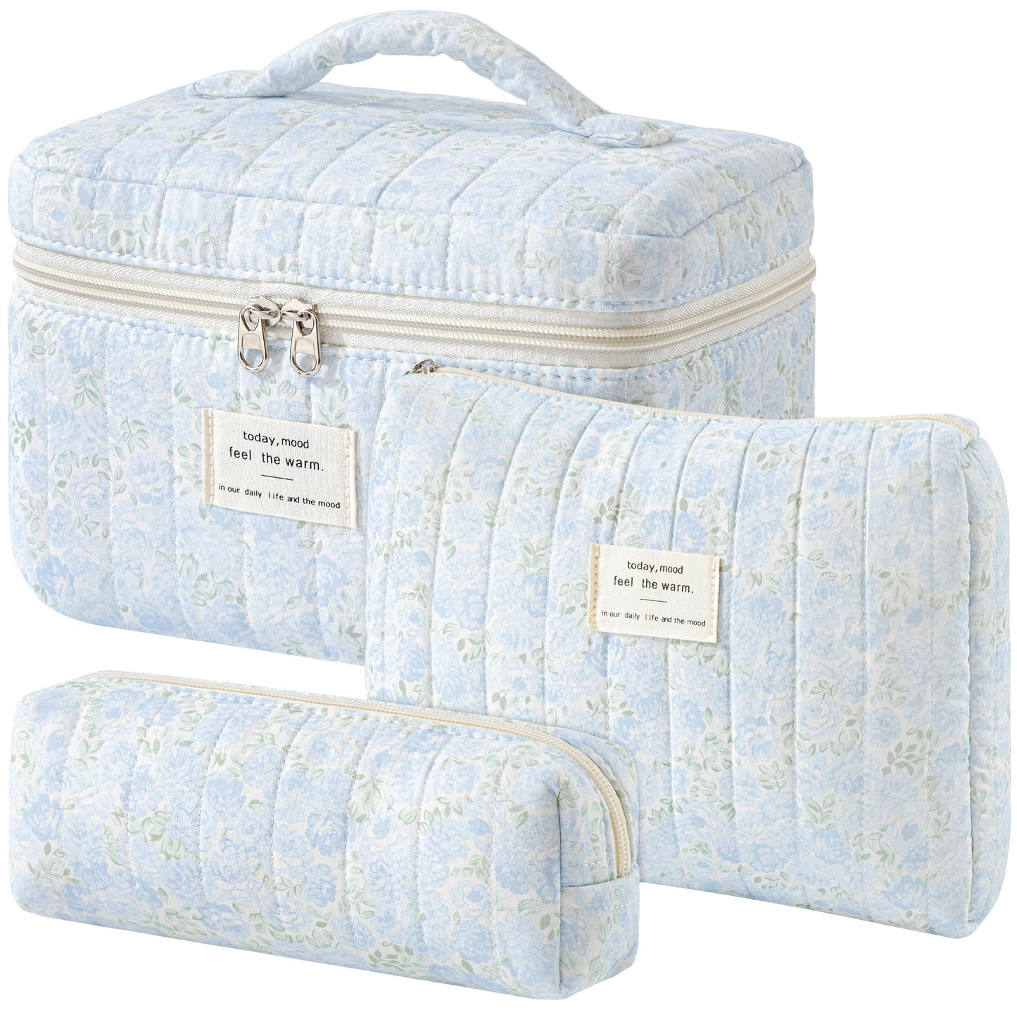HBselect Quilted Makeup Bag, 3Pcs Cotton Large Travel Makeup Bags Organizer