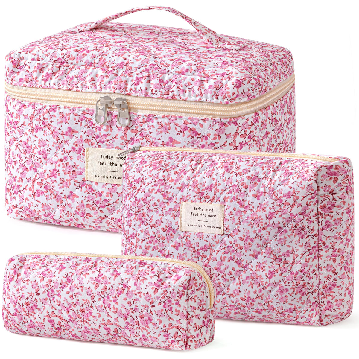HBselect Quilted Makeup Bag, 3Pcs Cotton Large Travel Makeup Bags Organizer