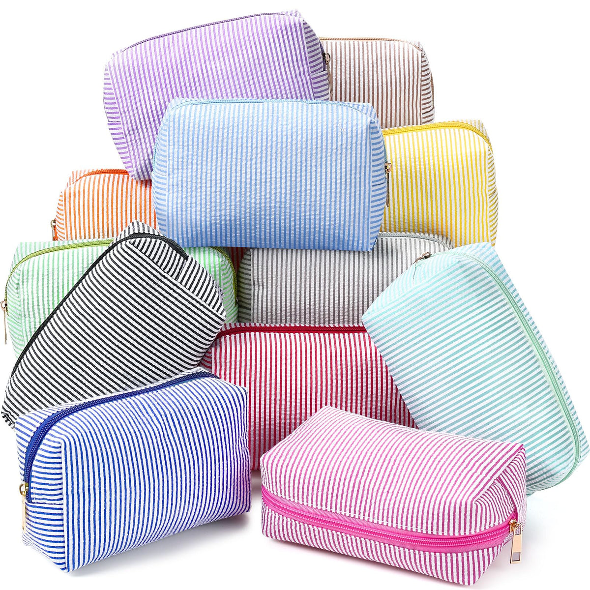 Sanwuta 6 Pcs Seersucker Cosmetic Bags Bulk, Striped Zippered,Khaki