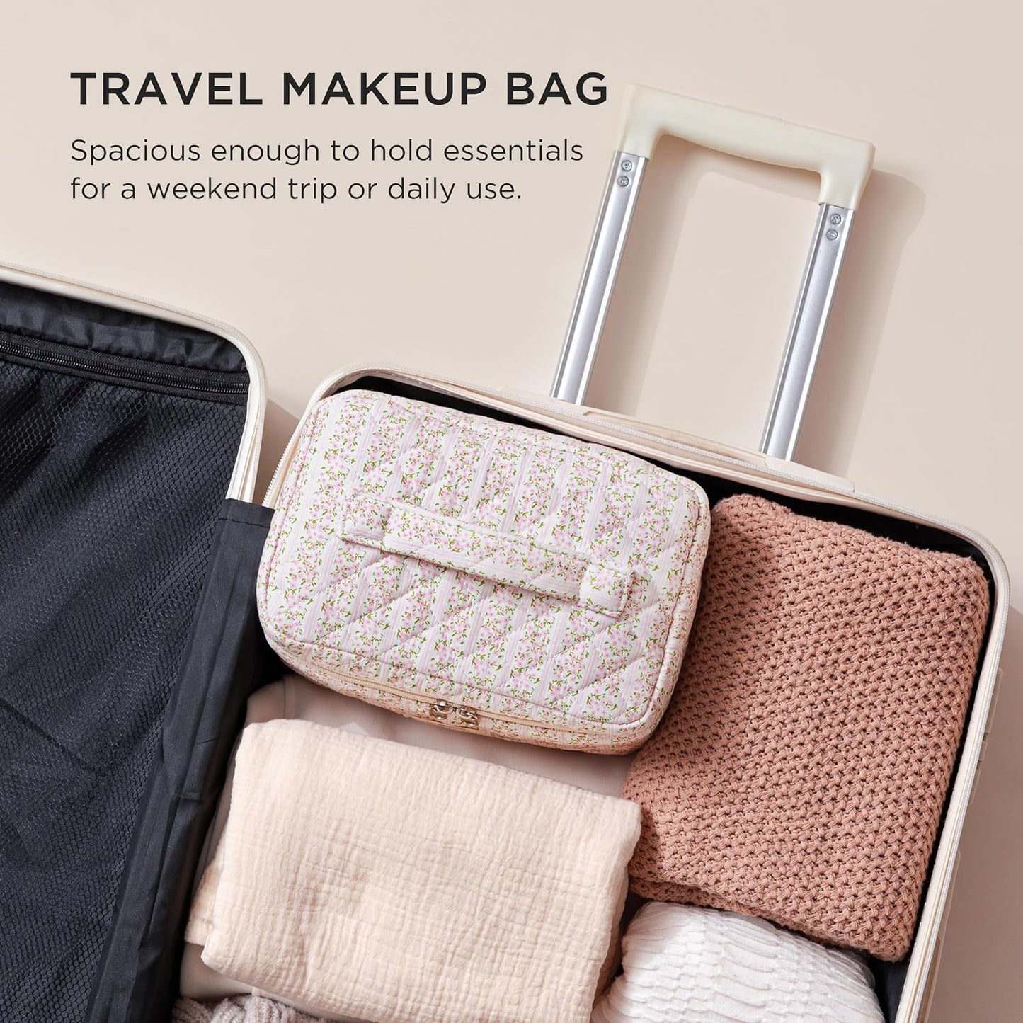 HBselect Large Quilted Makeup Bag for Women Cute Cotton Travel Cosmetic Bag | Floral Coquette Aesthetic Toiletry Organizer Bag with Handle, Portable Multifunctional Makeup Bag, Gifts for Bridesmaids