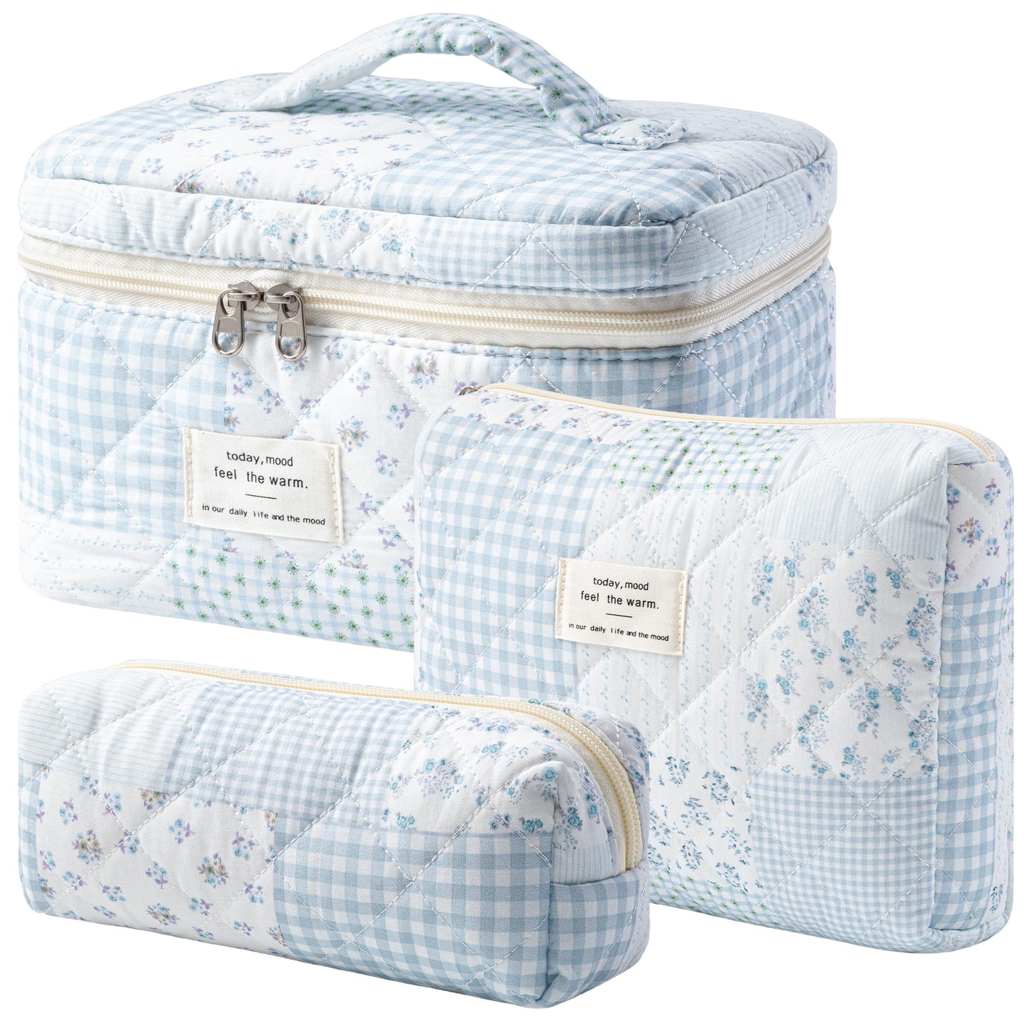 HBselect Quilted Makeup Bag, 3Pcs Cotton Large Travel Makeup Bags Organizer