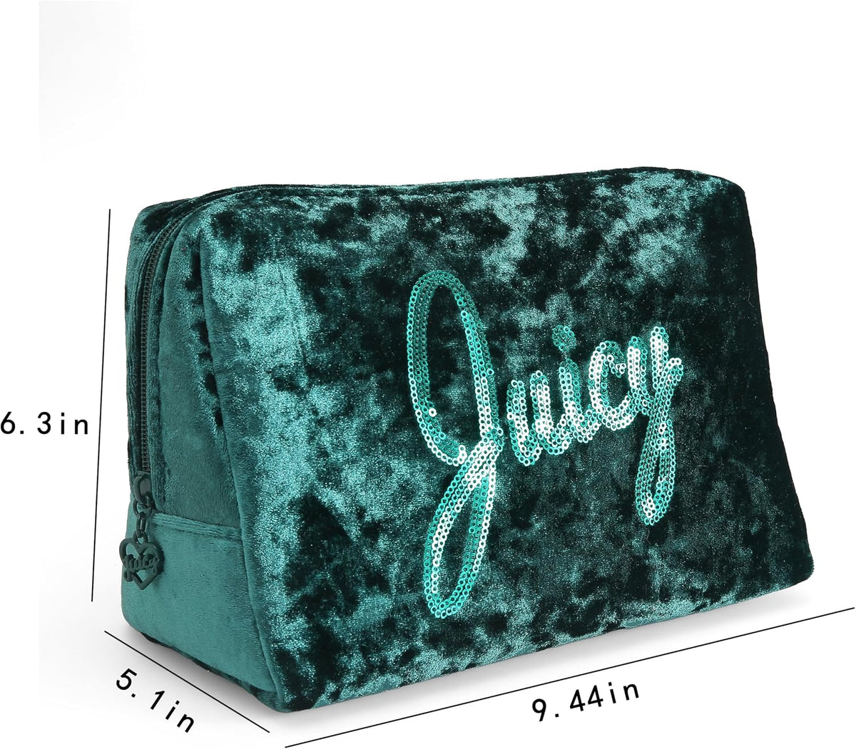 Juicy Couture Green Makeup Bag Cosmetics Organizer Travel Essentials Zip Top Wedge Crushed Velvet Sequin Logo