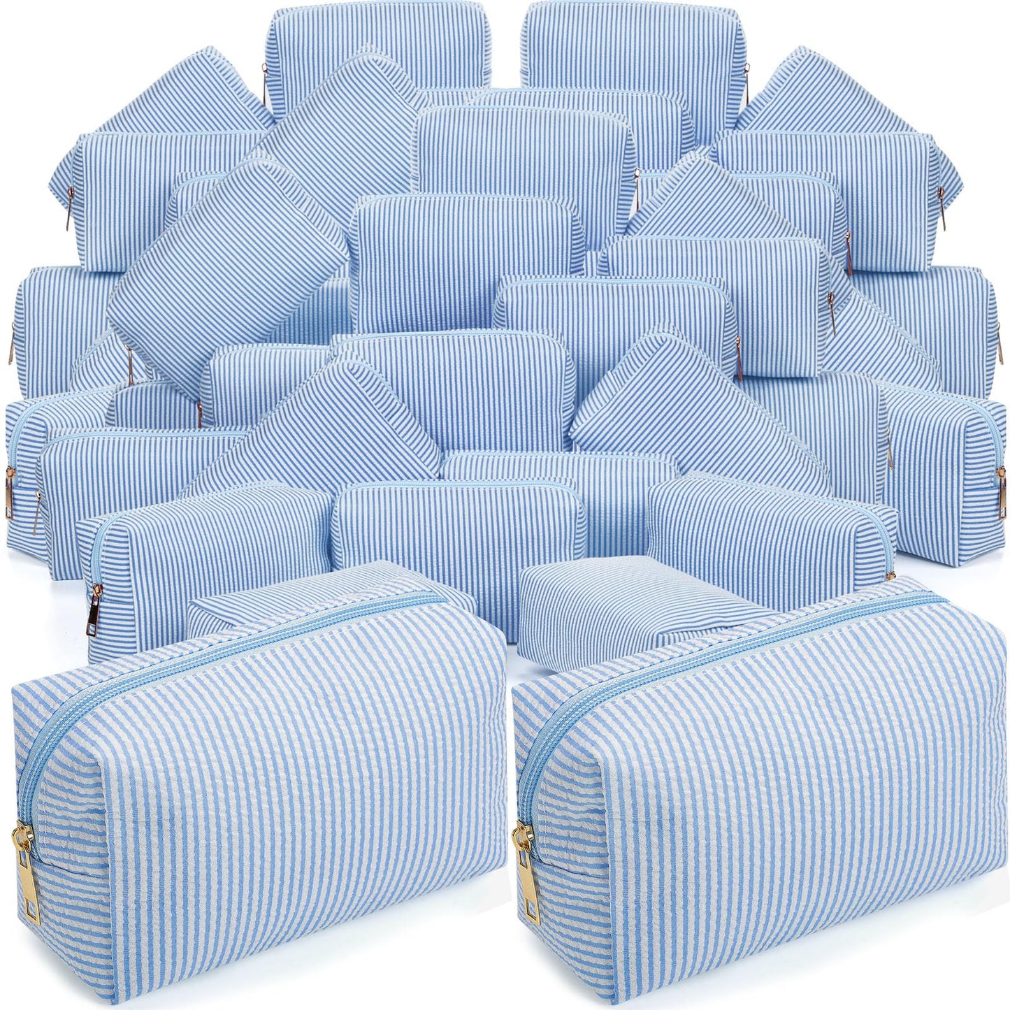 Sanwuta 6 Pcs Seersucker Cosmetic Bags Bulk, Striped Zippered,Khaki