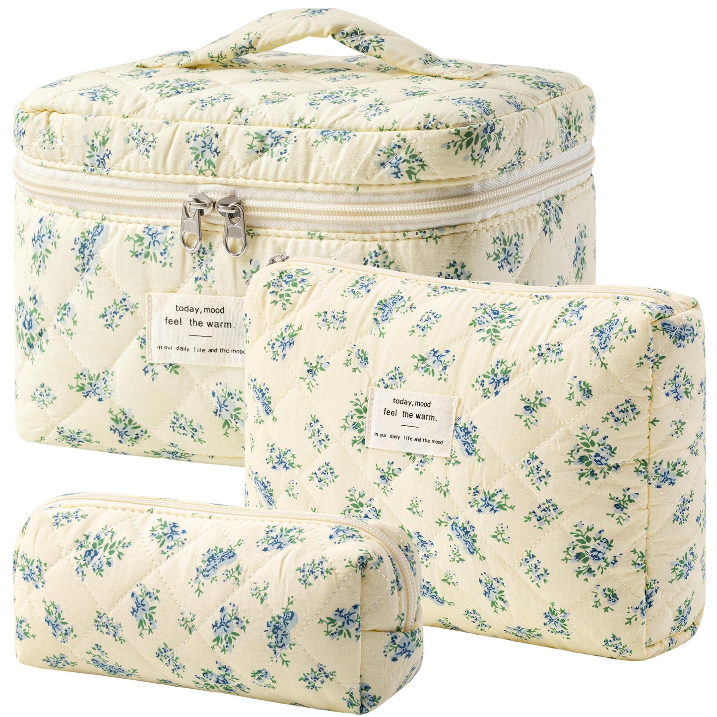 HBselect Quilted Makeup Bag, 3Pcs Cotton Large Travel Makeup Bags Organizer